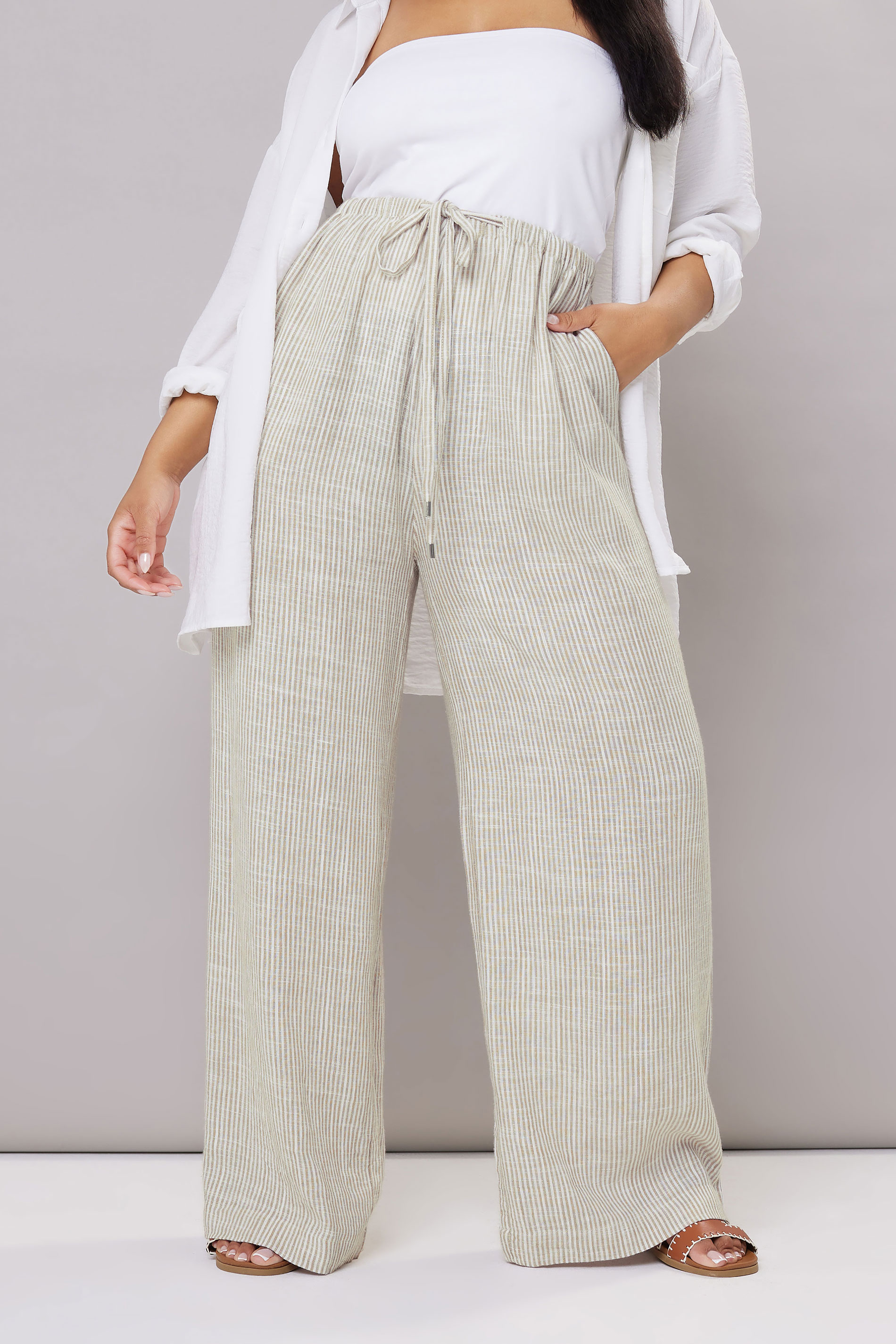 YOURS Plus Size White Striped Linen Tie Front Trousers | Yours Clothing 2