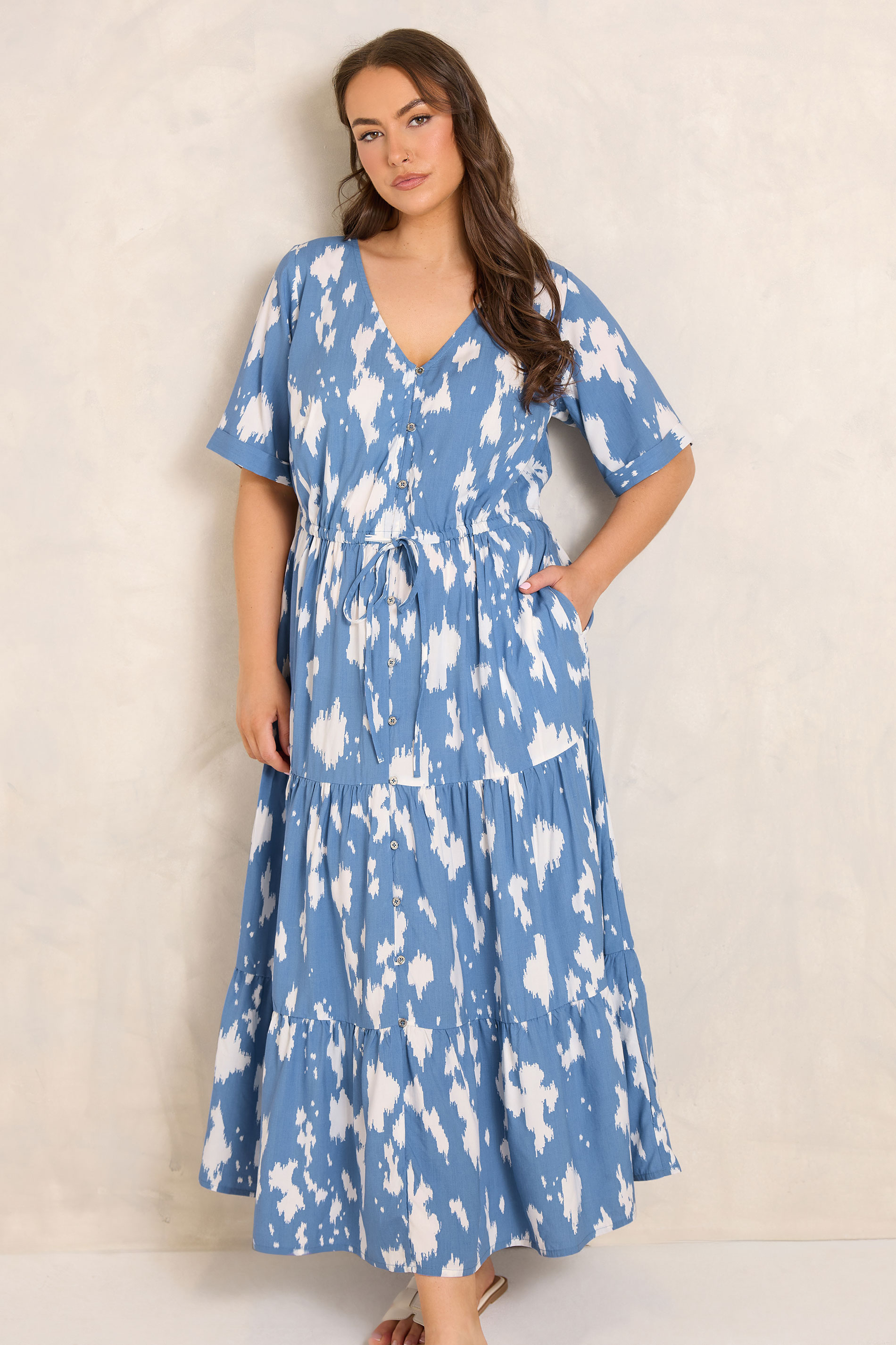EVANS Plus Size Blue Abstract Print Tie Waist Dress | Evans 1