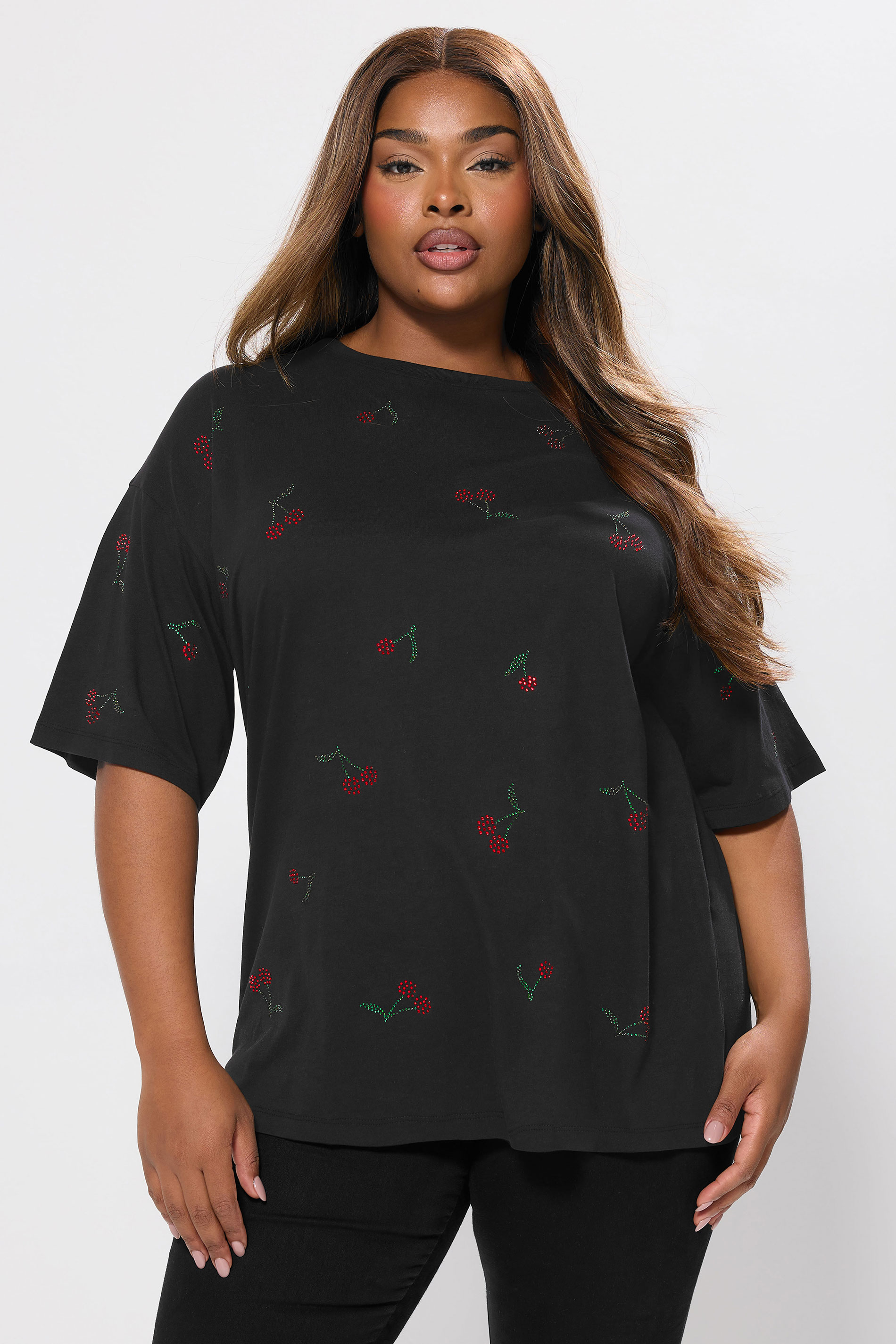 YOURS Plus Size Black Embellished Cherry Oversized T-Shirt | Yours Clothing 3