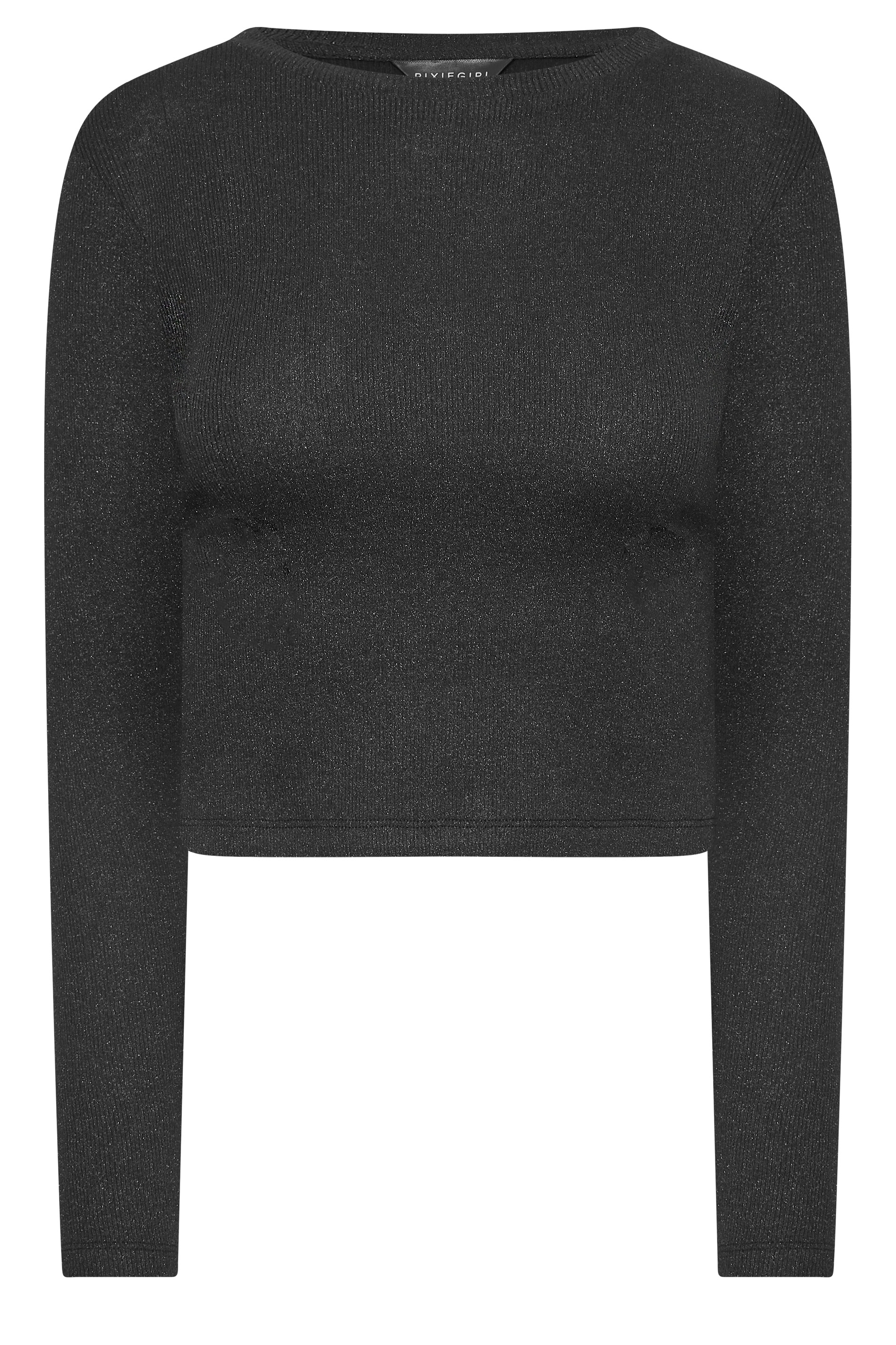 PixieGirl Petite Womens Black Metallic Ribbed Long Sleeve Top | PixieGirl 7
