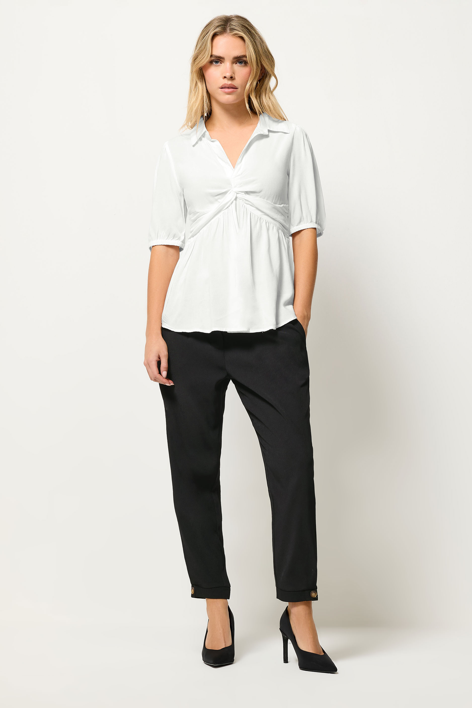PixieGirl Petite Women's White Woven Twist Front Top | PixieGirl 1