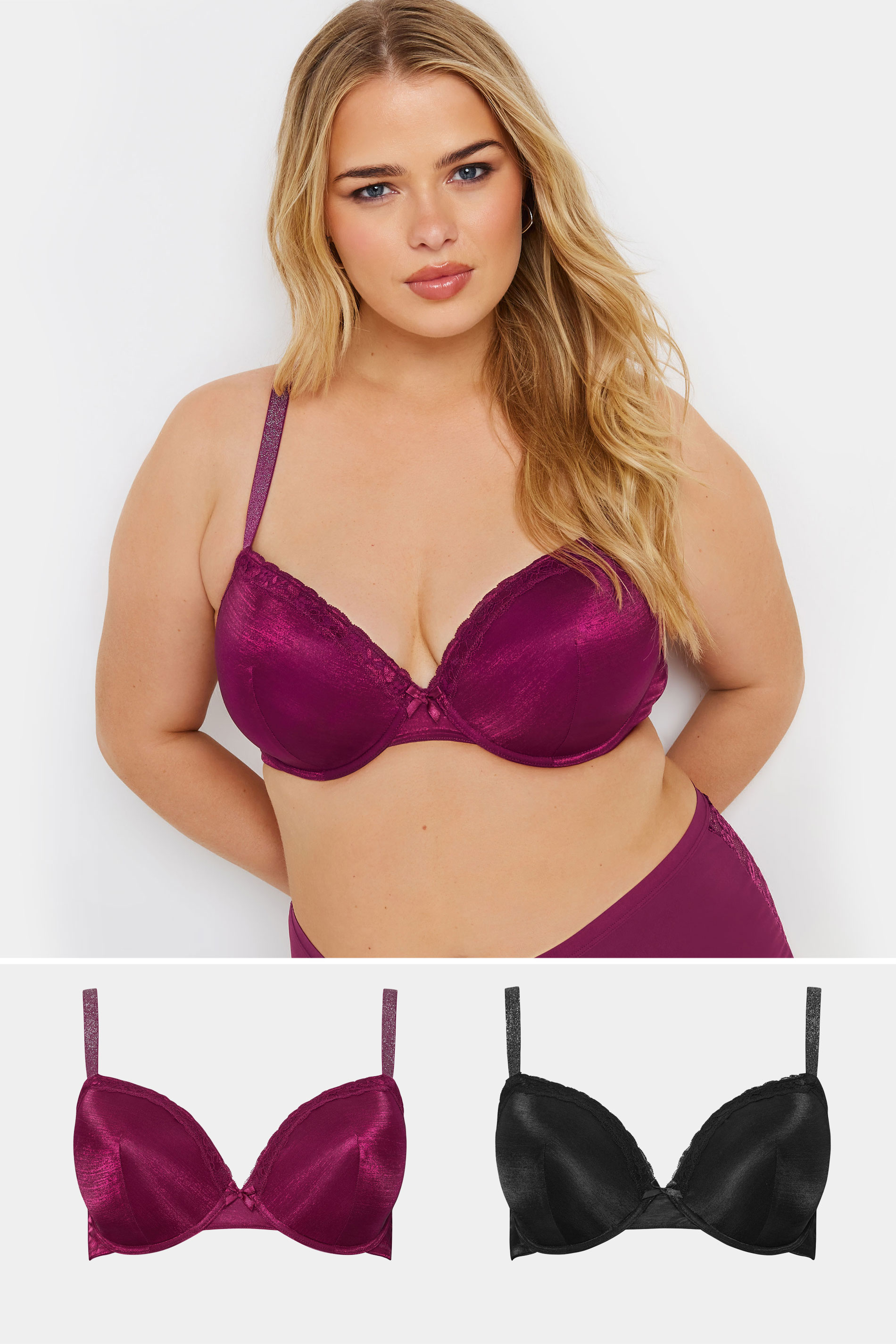 YOURSET 2 PACK Plus Size Red & Black Underwired T-Shirt Bras | Yours Clothing 1