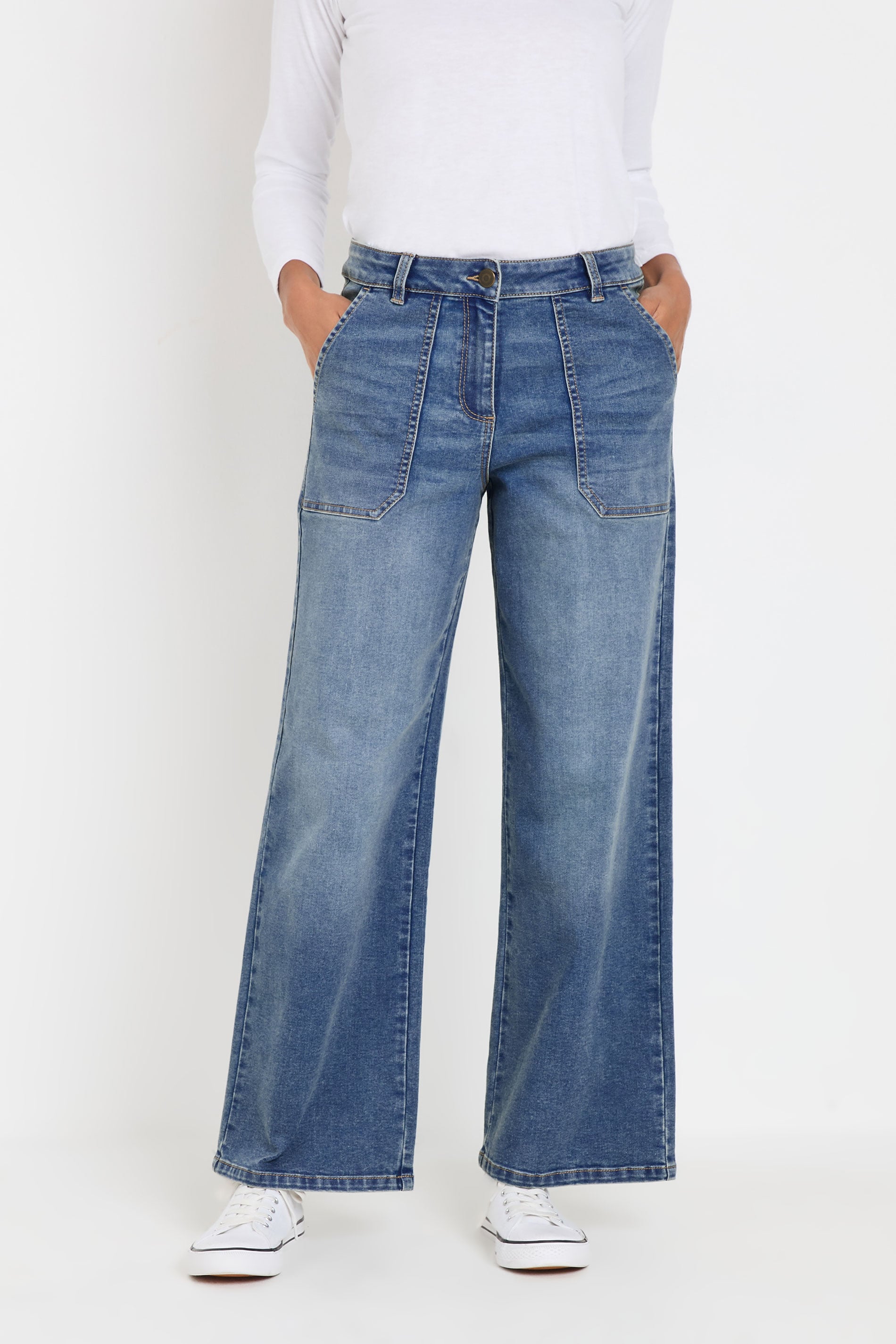 M&Co Blue Mid Wash Carpenter Wide Leg Jeans | M&Co 1
