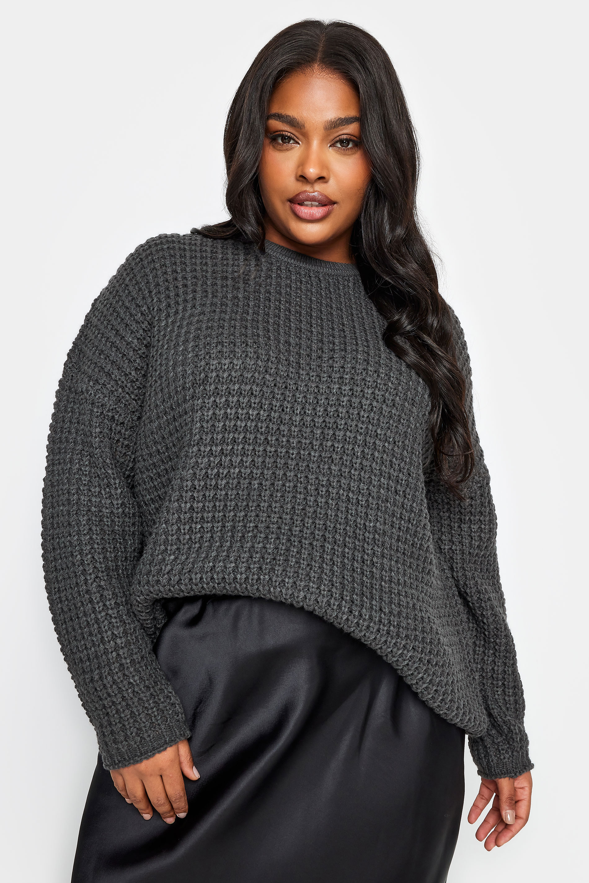 YOURS Plus Size Slate Grey Waffle Knit Jumper | Yours Clothing 1