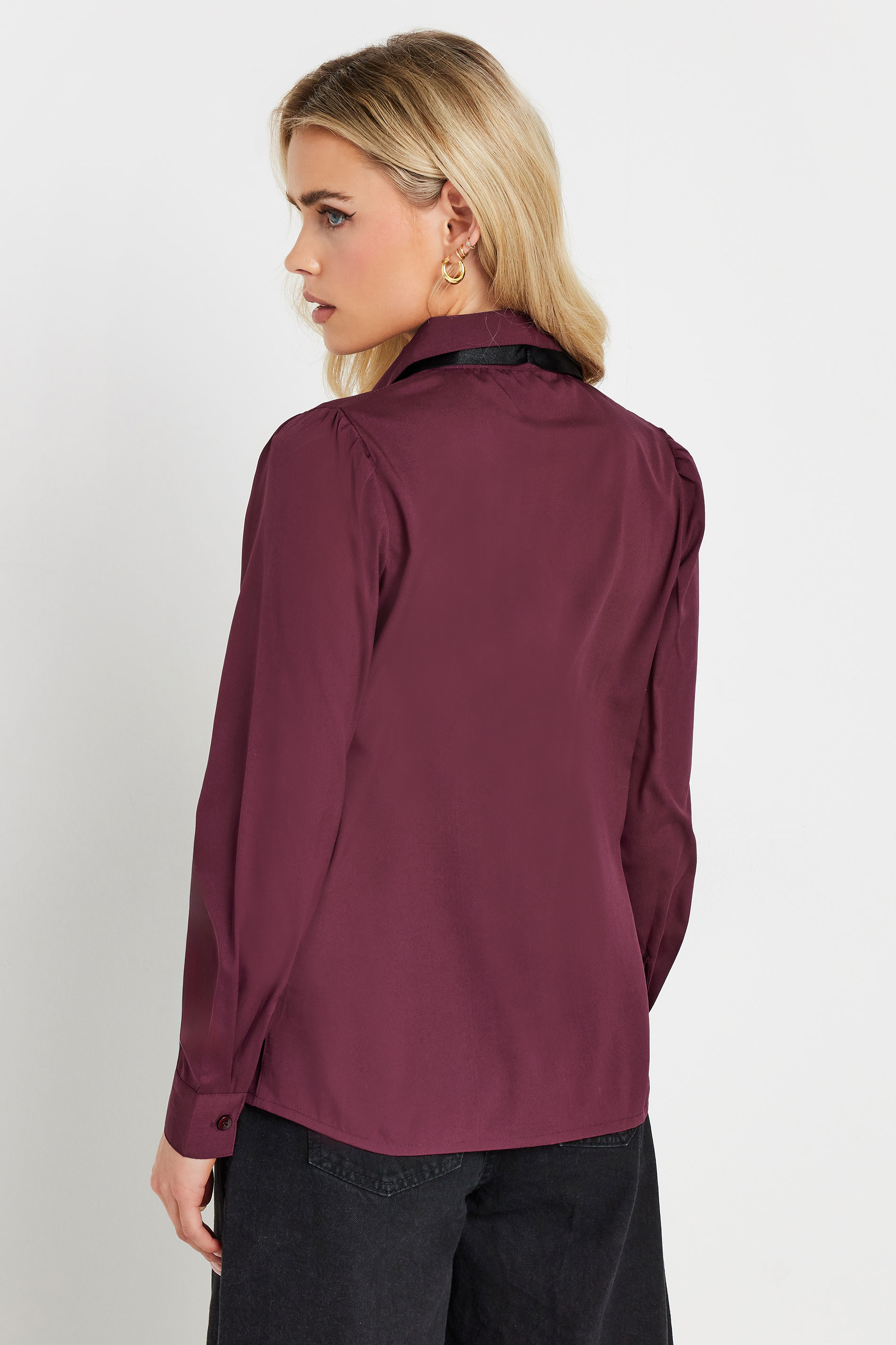 PixieGirl Petite Women's Burgundy Red Lace Trim Tie Neck Shirt | PixieGirl 2