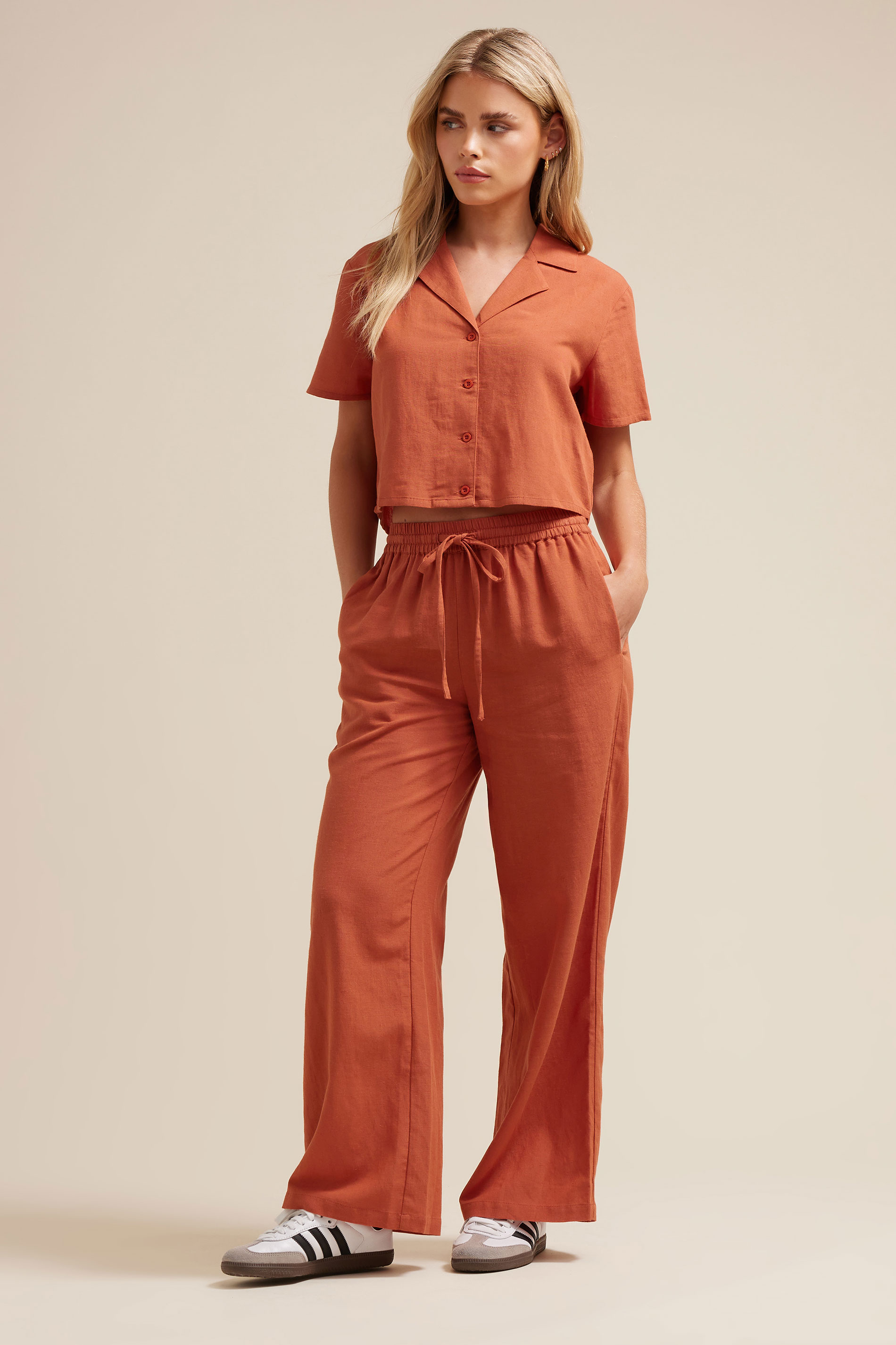 PixieGirl Petite Women's Rust Orange Linen Cropped Short Sleeve Shirt | PixieGirl 1