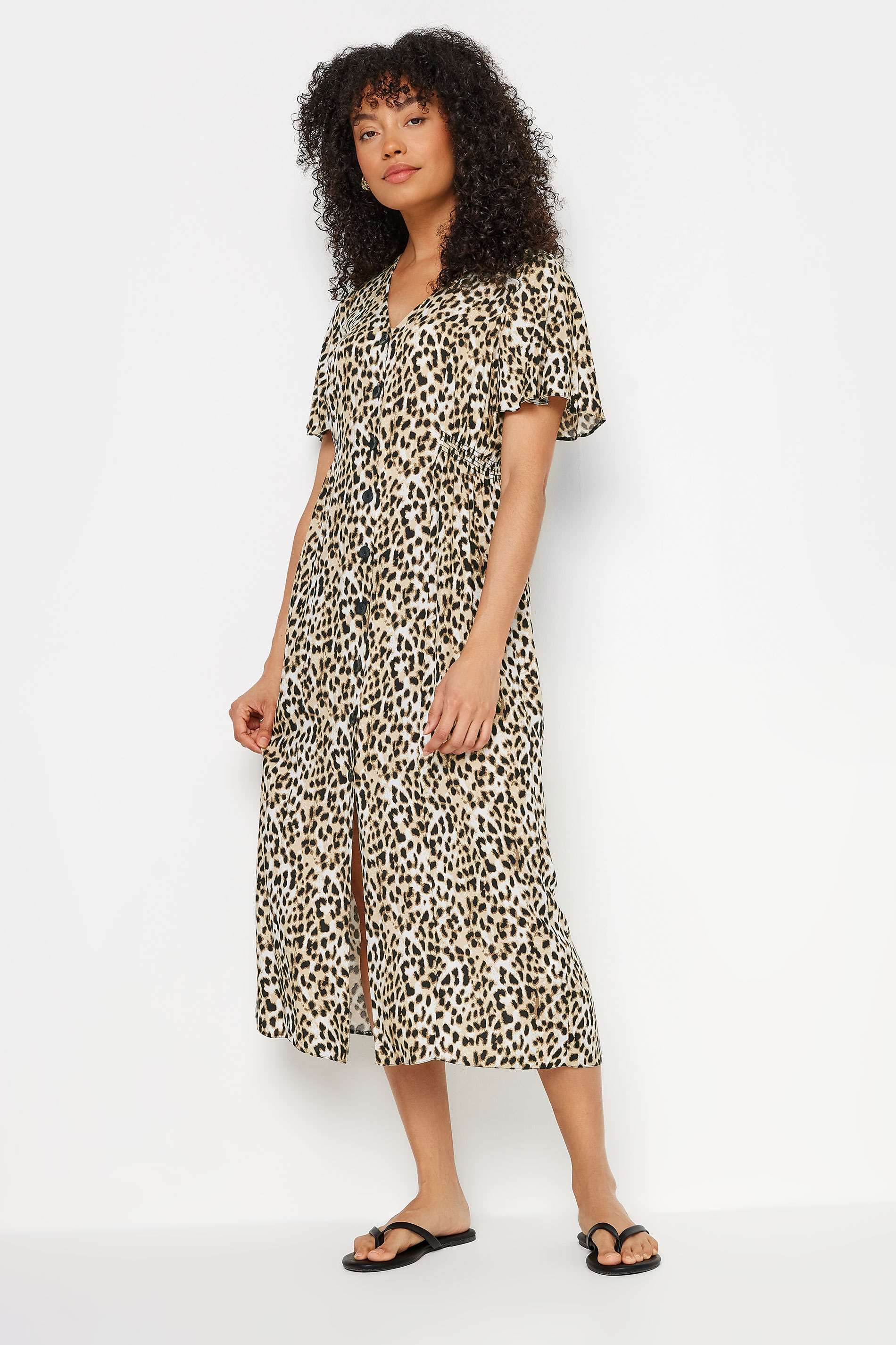 M&Co Natural Brown Leopard Print Button Through Midi Tea Dress | M&Co 1