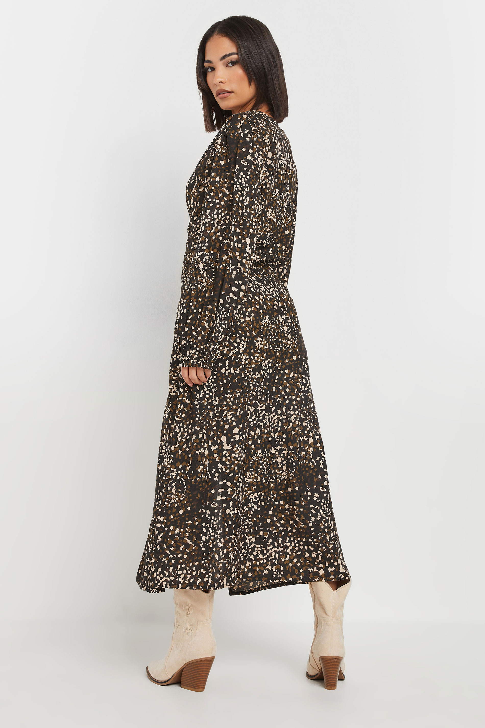 PixieGirl Petite Women's Brown Abstract Spot Midi Tea Dress | PixieGirl 2