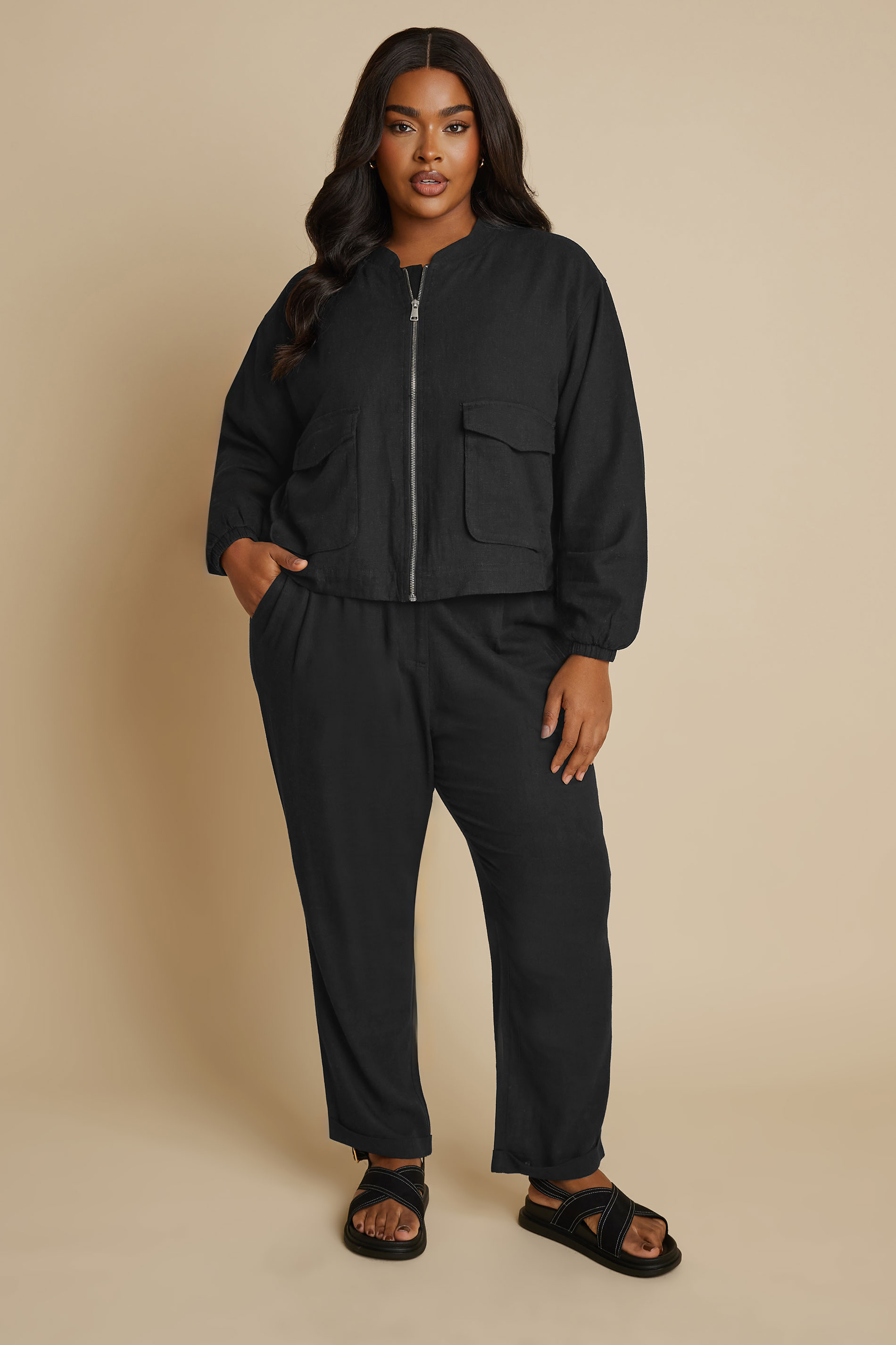 YOURS Plus Size Black Linen Bomber Jacket | Yours Clothing 1
