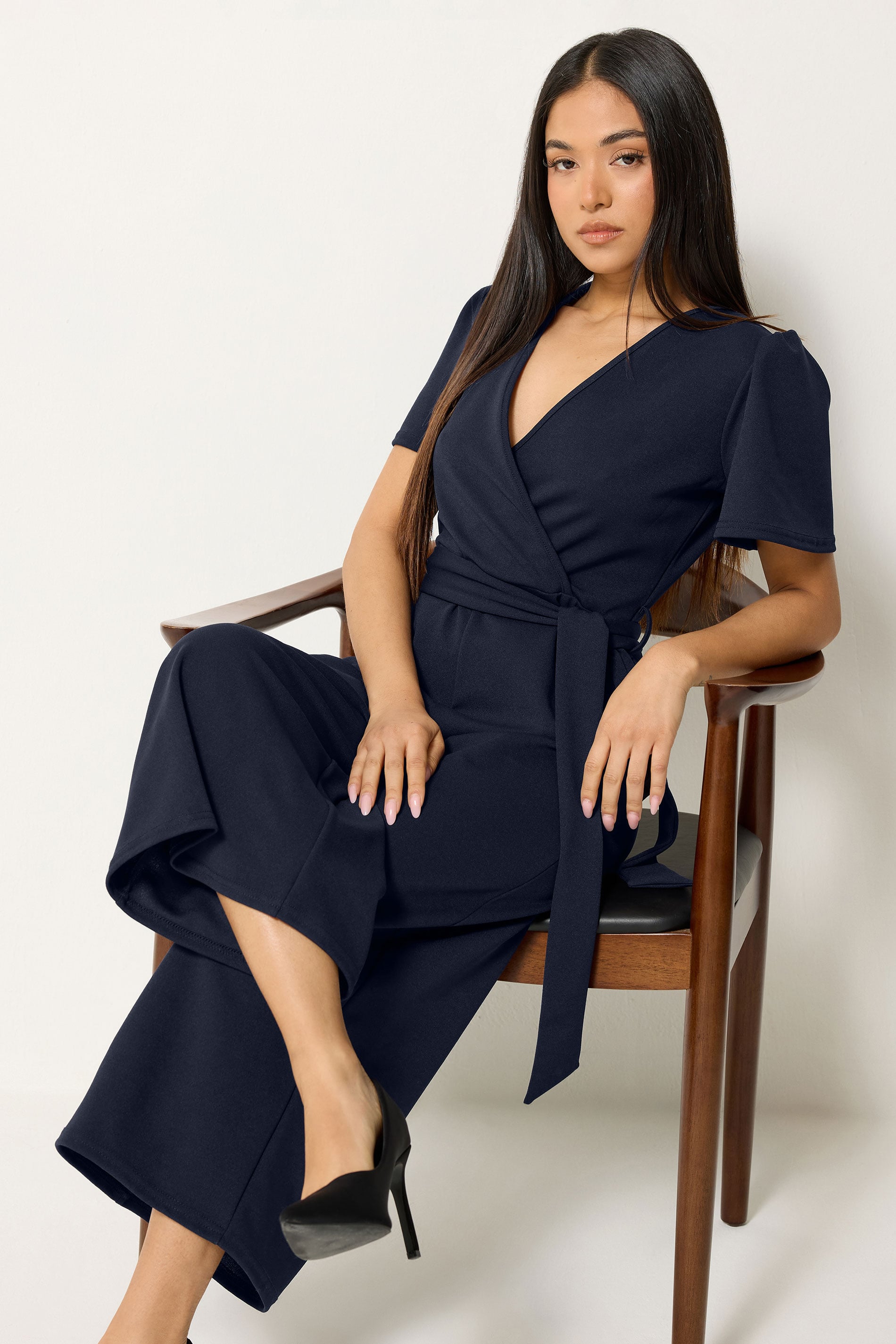M&Co Petite Navy Blue Cropped Tie Waist Jumpsuit | M&Co 1