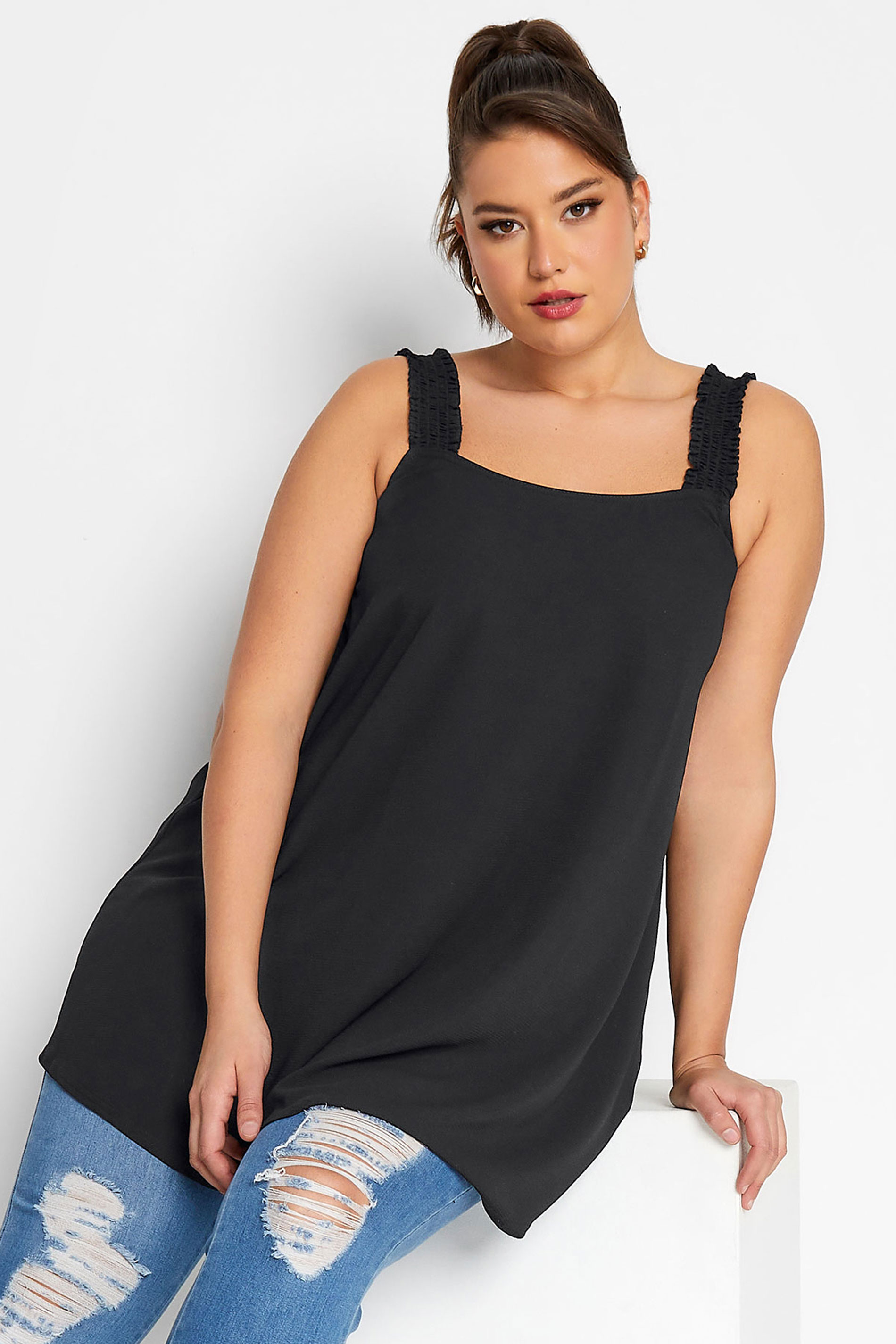 LIMITED COLLECTION Plus Size Black Shirred Strap Cami Top | Yours Clothing 1