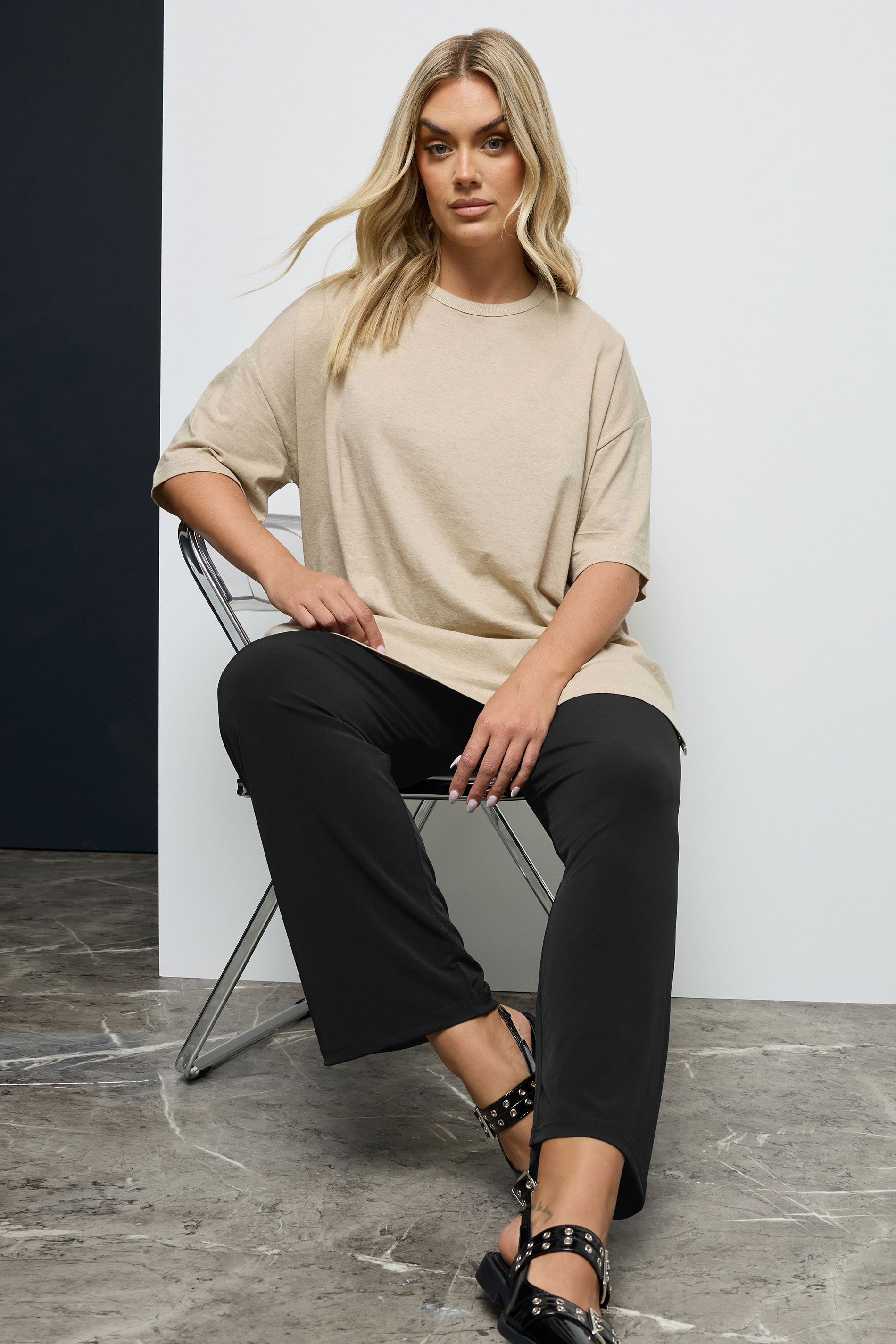 Plus Size Black Pull On Wide Leg Trousers | Yours Clothing 3