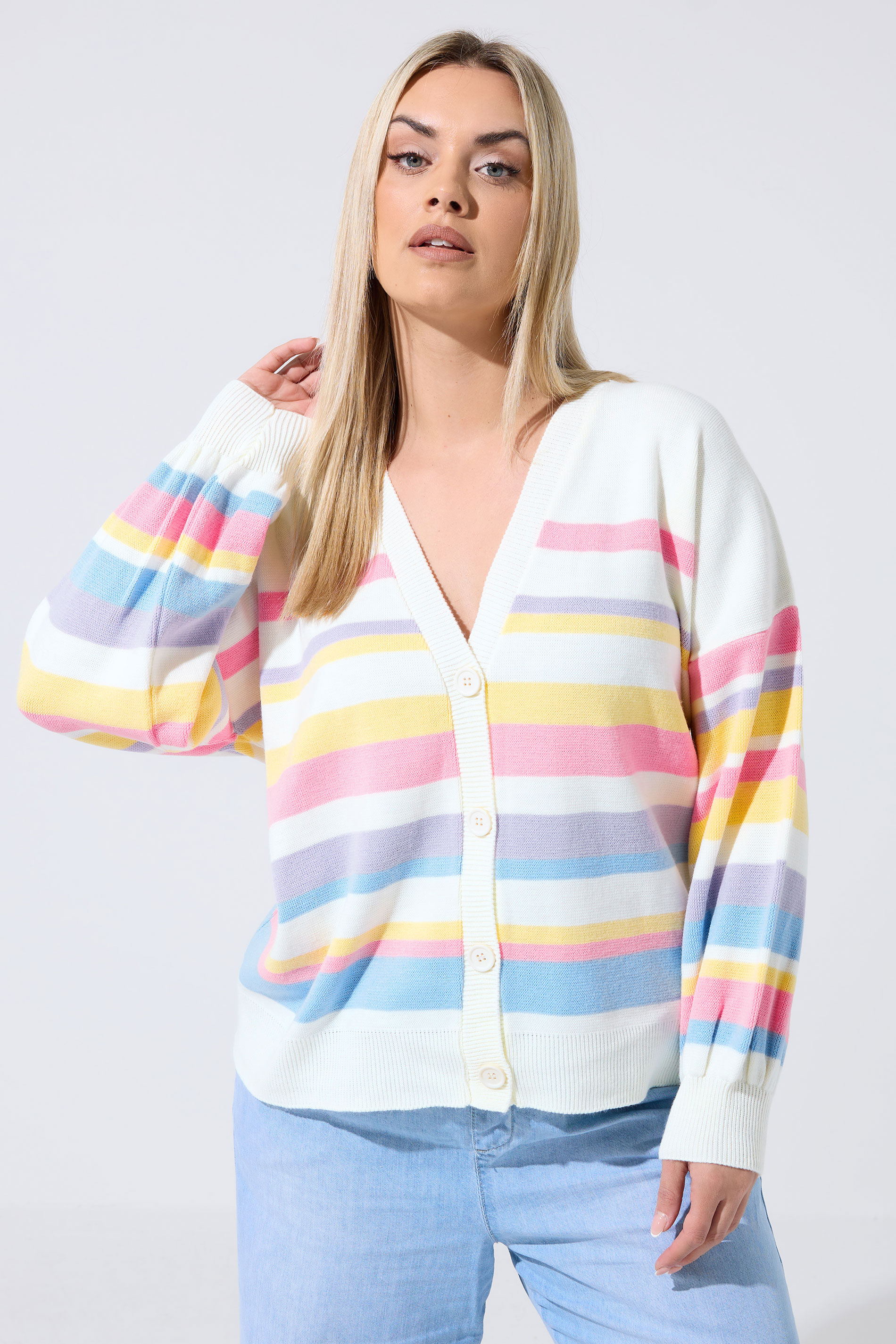 LIMITED COLLECTION Plus Size White Pastel Stripe Knitted Cardigan | Yours Clothing 3