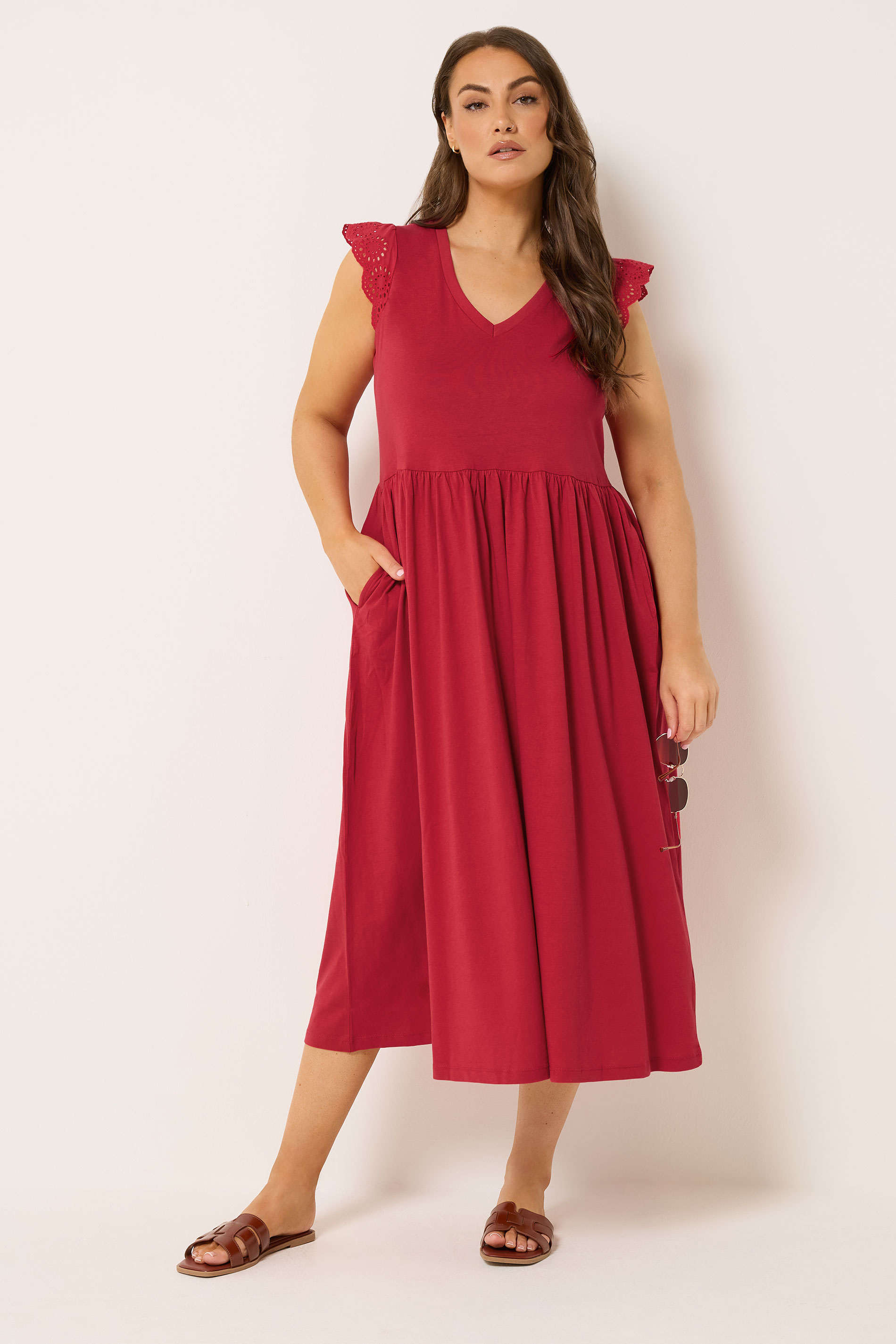 YOURS Plus Size Red Broderie Sleeve Maxi Dress | Yours Clothing 3