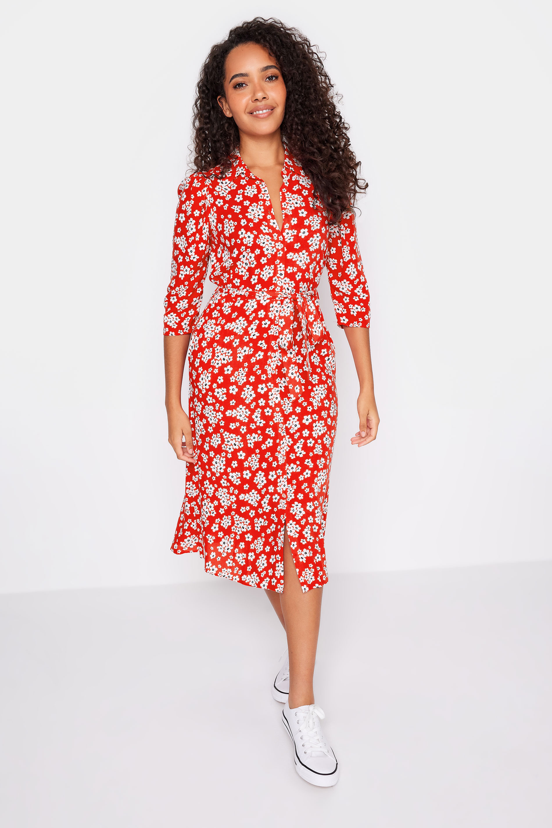 M&Co Red Floral Print Button Through Midi Dress | M&Co 1