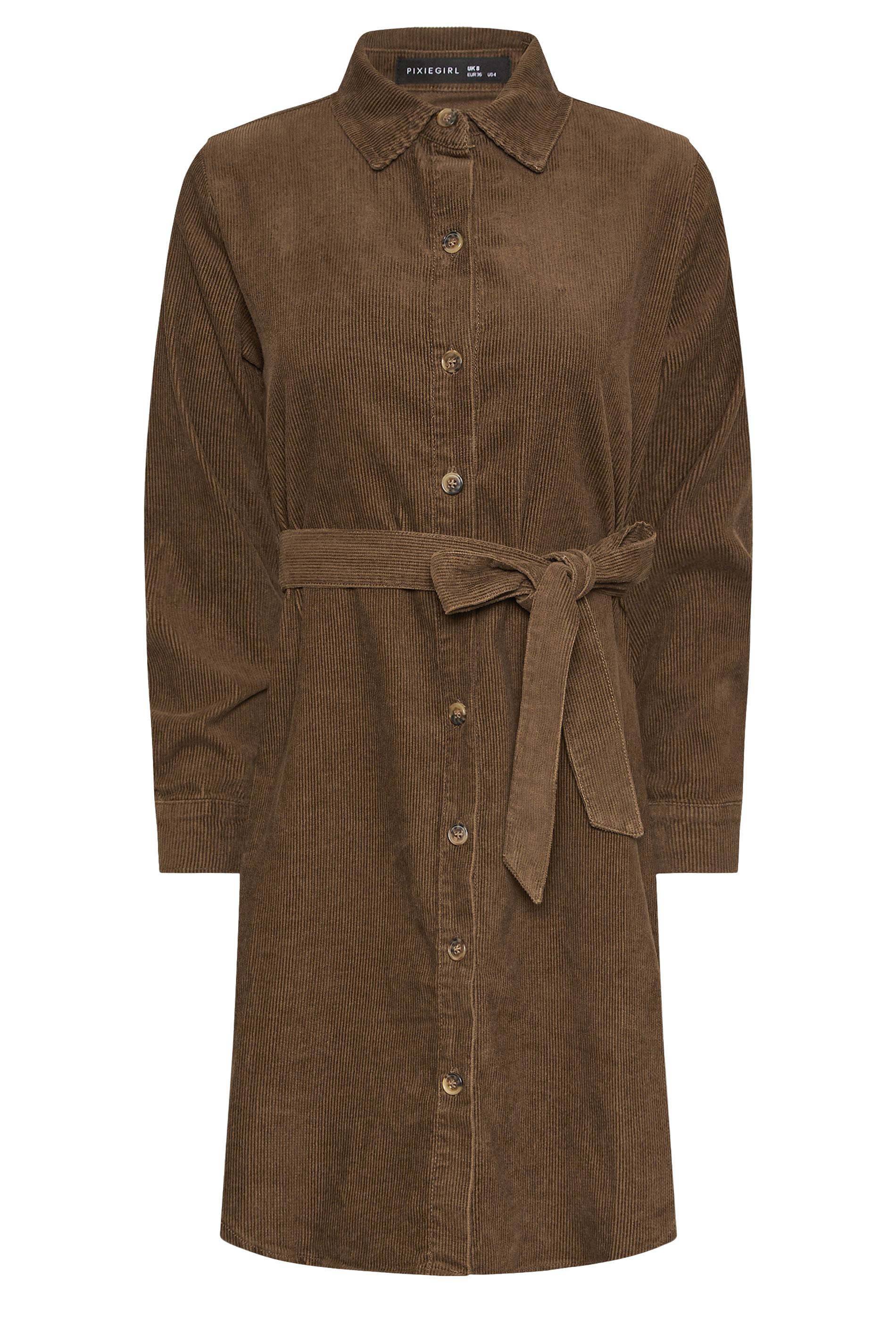 PixieGirl Petite Women's Chocolate Brown Cord Belted Cotton Midi Dress | PixieGirl 5