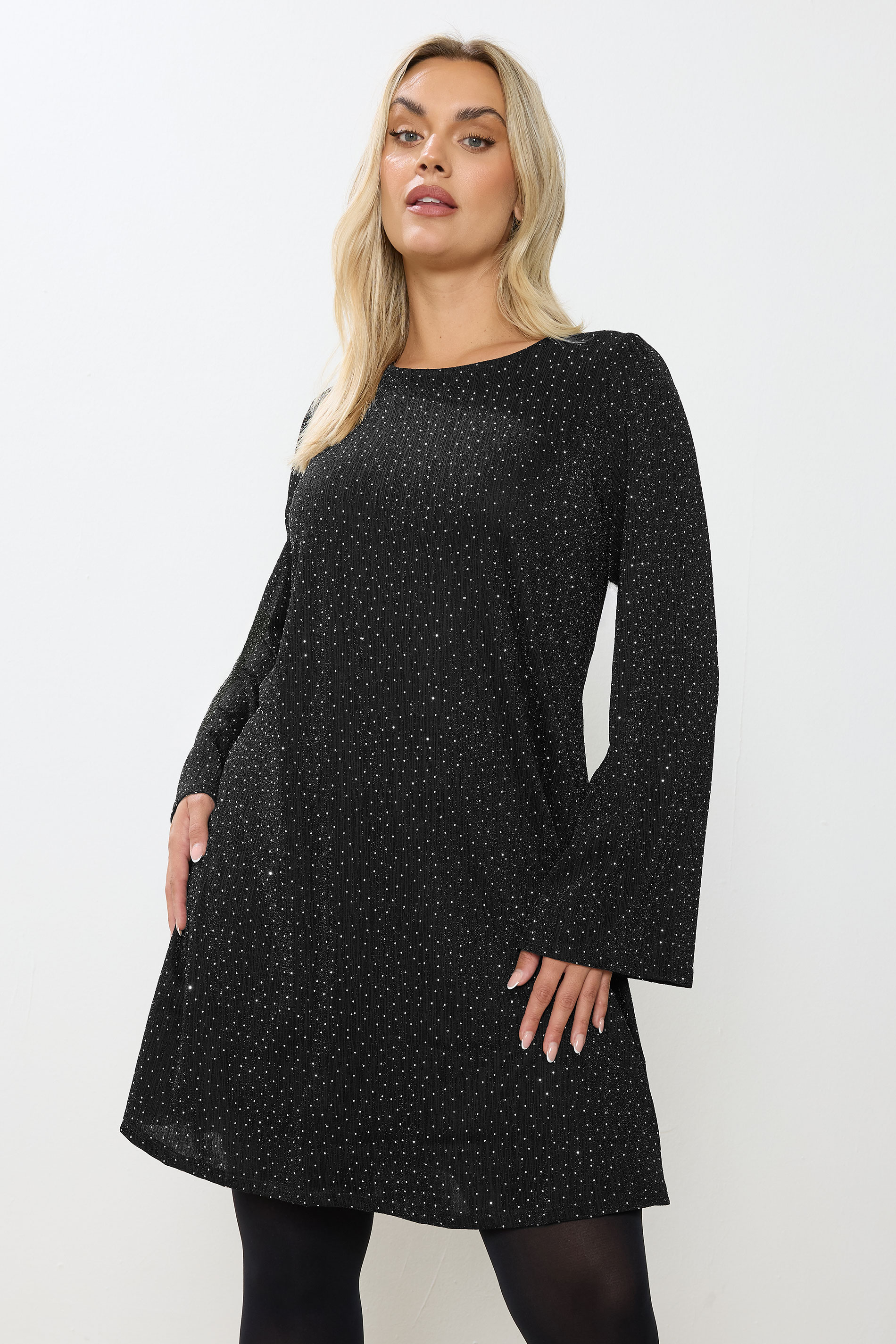 YOURS Curve Plus Size Black Flute Sleeve Swing Dress | Yours Clothing 1