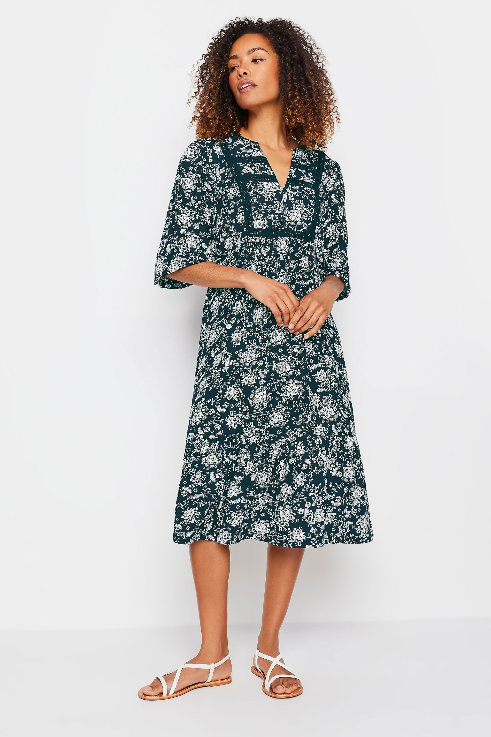 M&Co Navy Blue Damask Print Lace Trim Dress | M&Co 1
