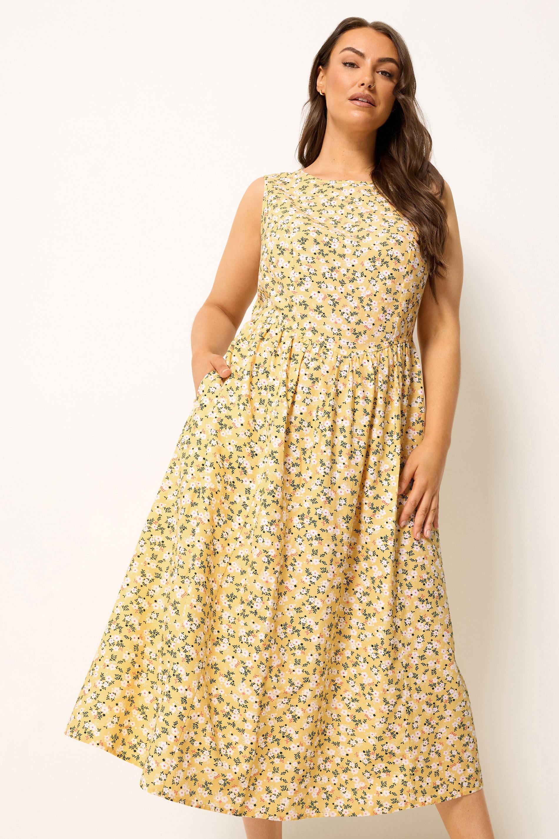 YOURS Plus Size Lemon Yellow Disty Floral Linen Maxi Dress | Yours Clothing 3