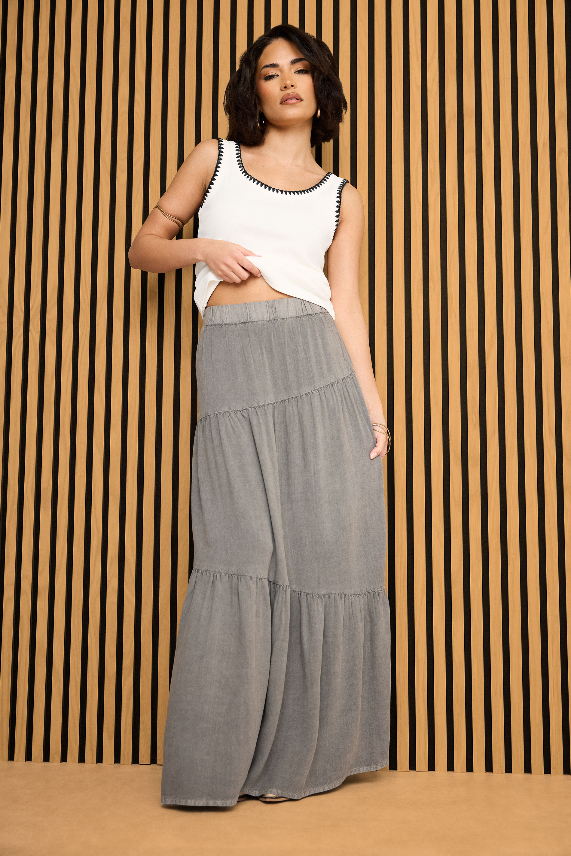 PixieGirl Petite Women's Charcoal Grey Asymmetric Tiered Maxi Skirt | PixieGirl 3