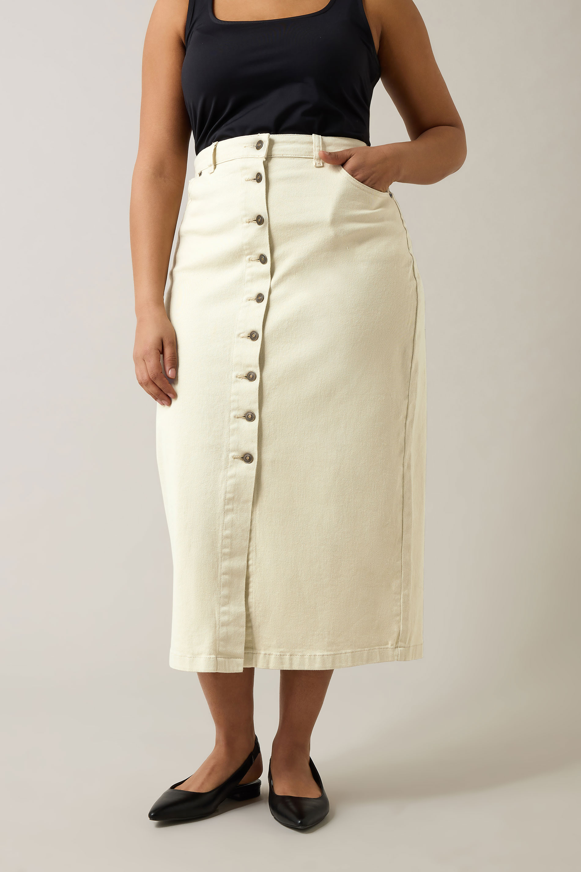 EVANS Plus Size Cream Button Through Denim Maxi Skirt | Evans 1