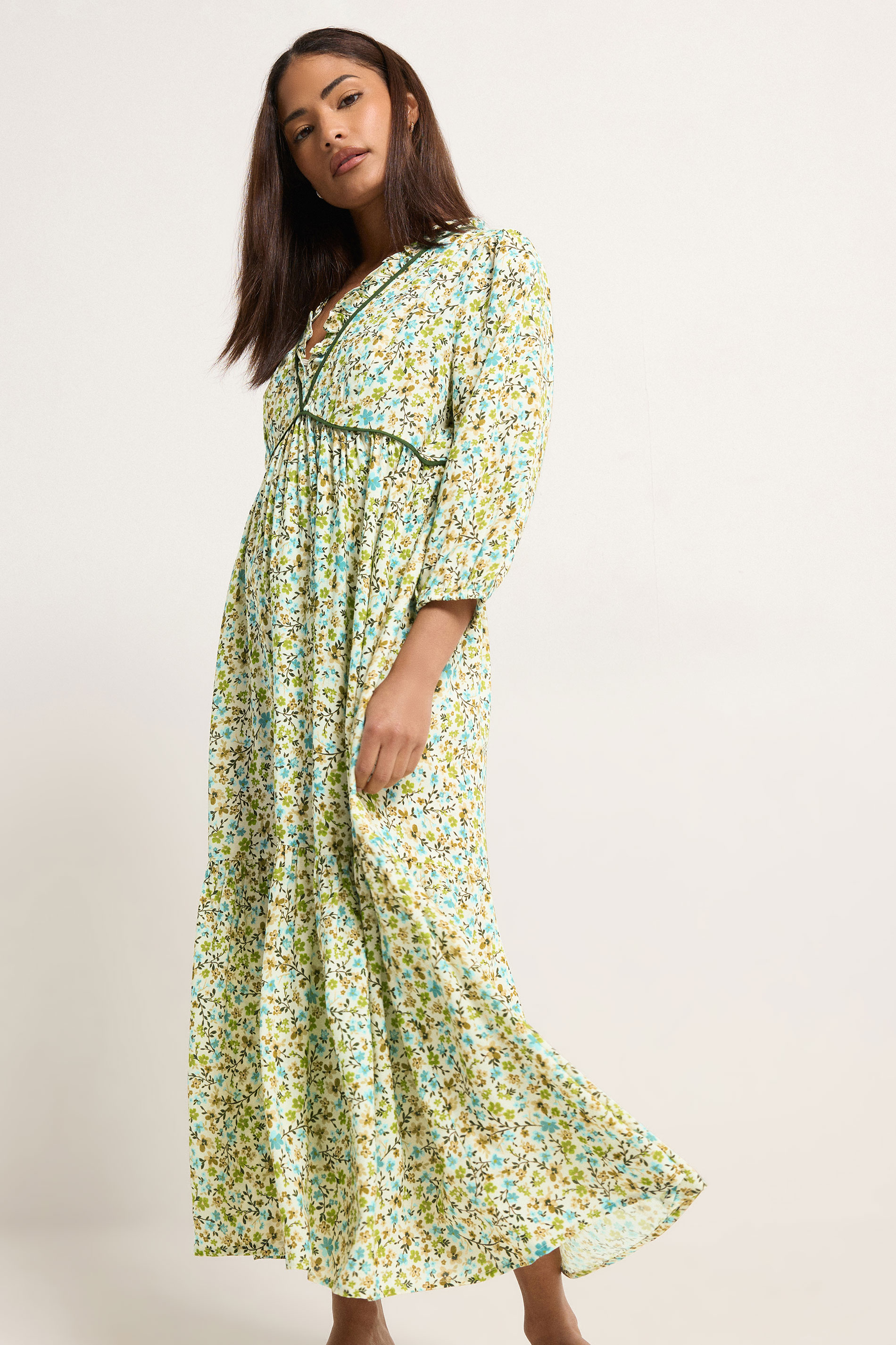 PixieGirl Petite Women's Green Floral Frill Midaxi Dress | PixieGirl 1