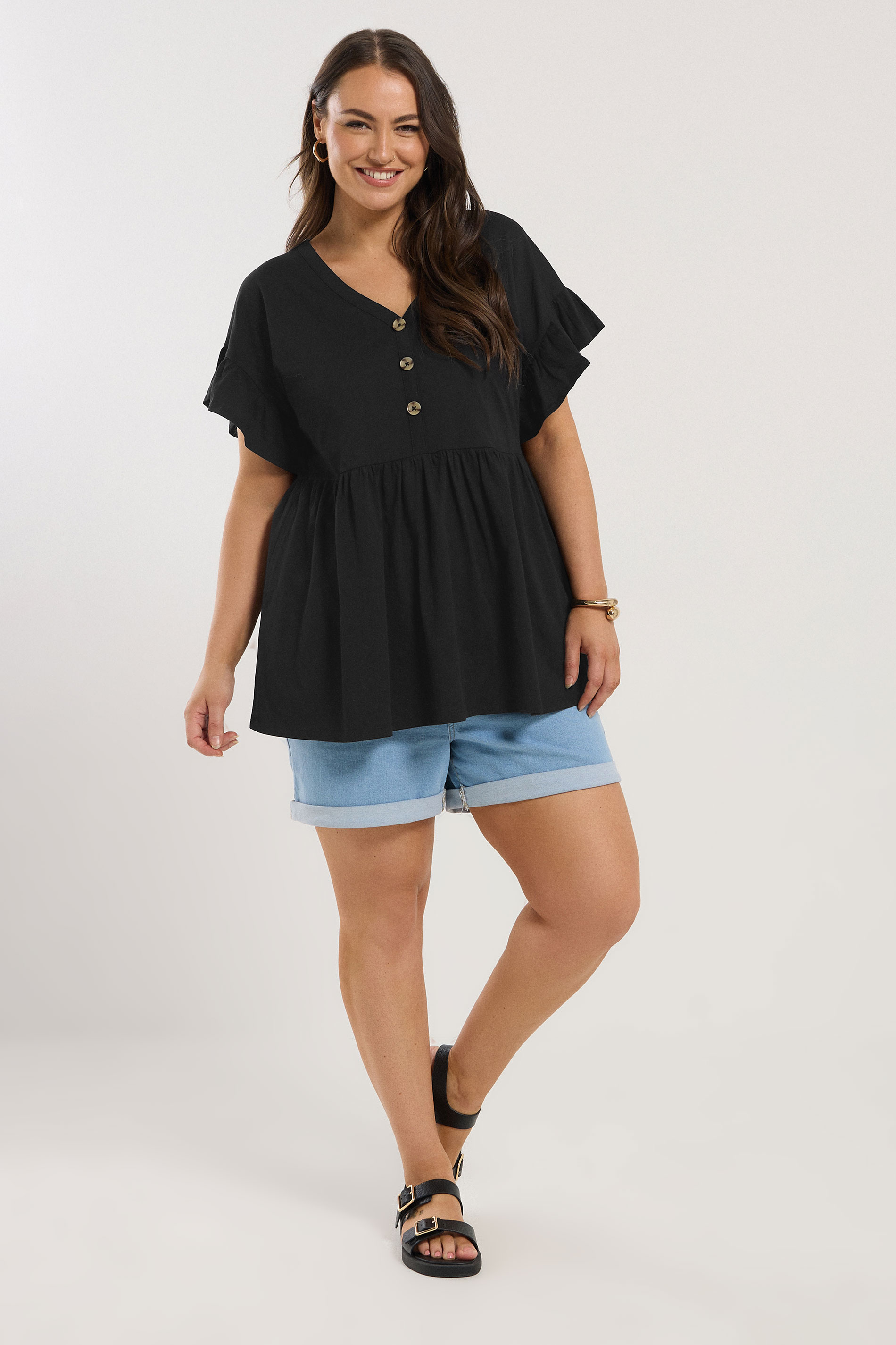 YOURS Plus Size Black Button Frill Sleeve Peplum Top | Yours Clothing 1