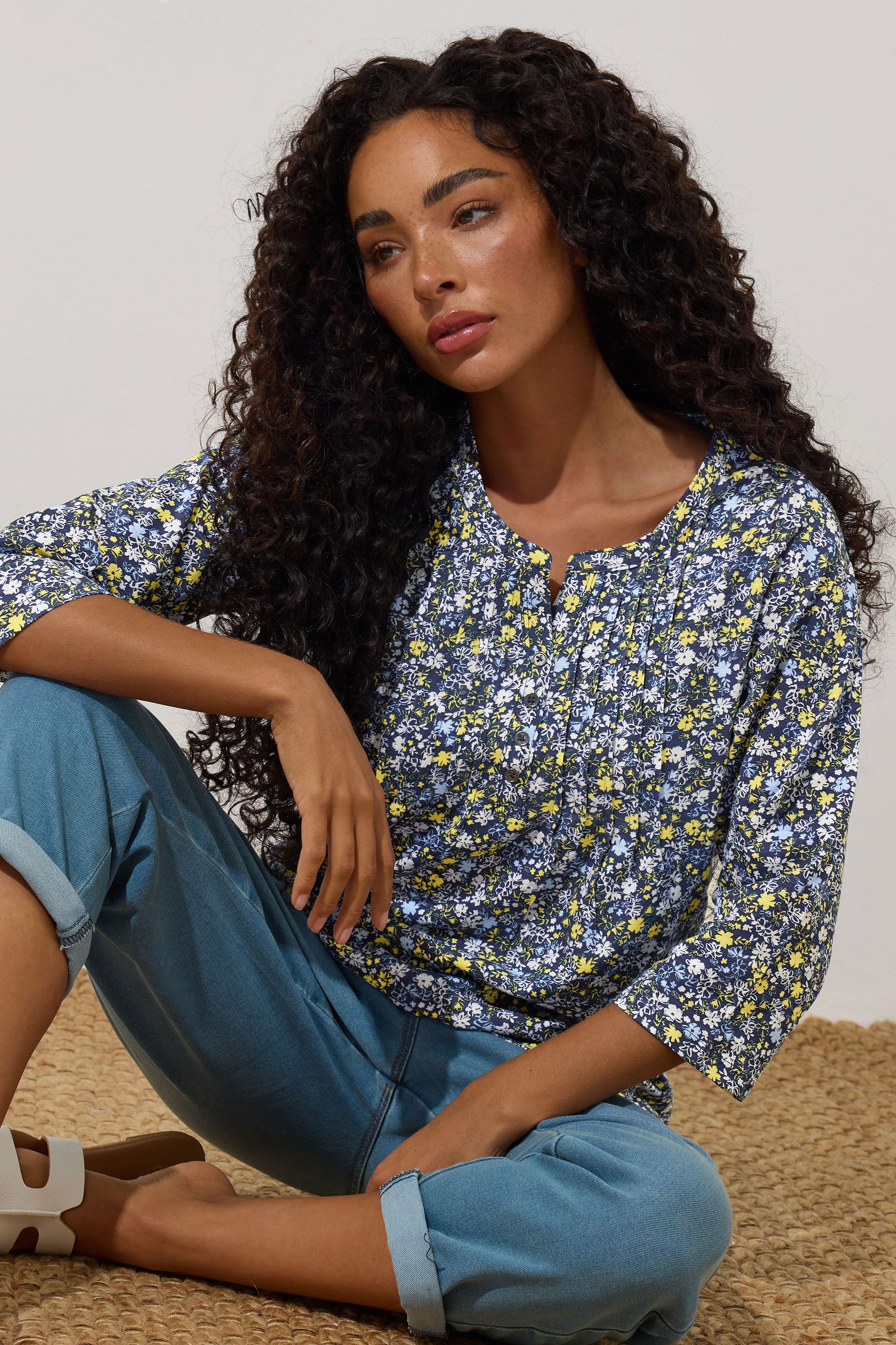 M&Co Petite Navy Blue Cotton Ditsy Floral Henley Top | M&Co 3