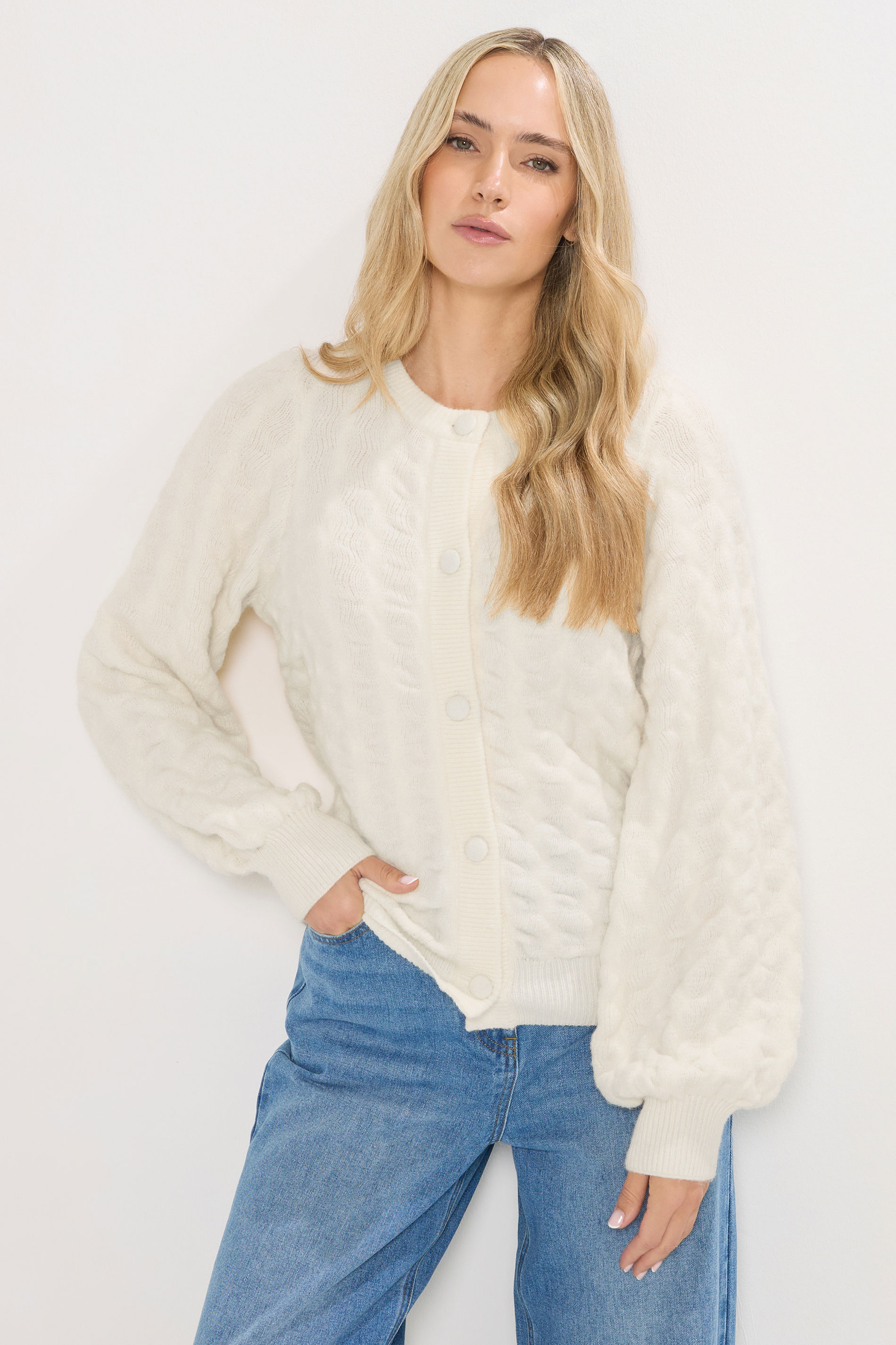LTS Tall Ivory White Knitted Textured Button Cardigan | Long Tall Sally 1