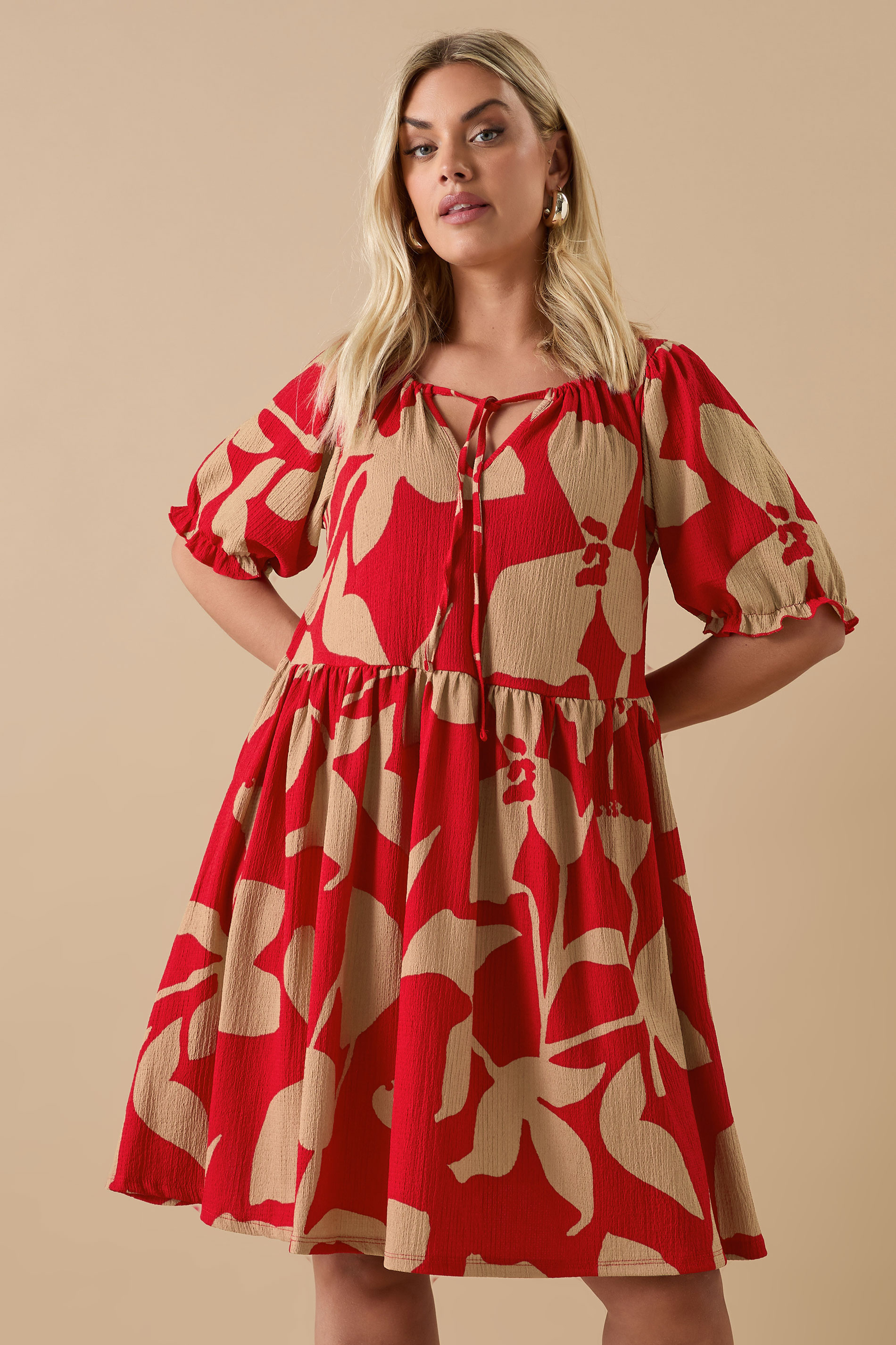 YOURS Plus Size Red Abstract Floral Tie Neck Mini Dress | Yours Clothing 3