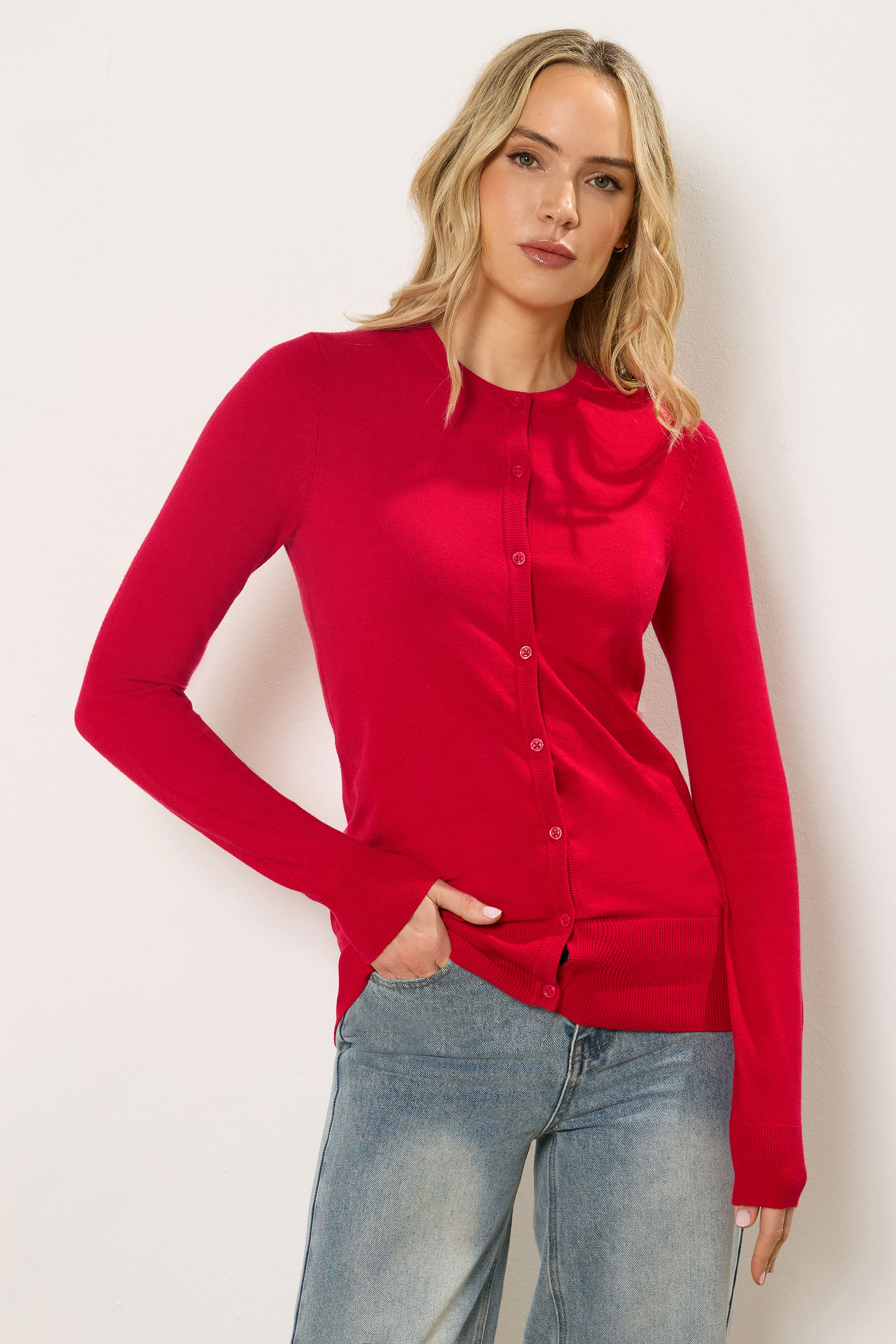LTS Tall Ruby Red Crew Neck Button Cardigan | Long Tall Sally 3