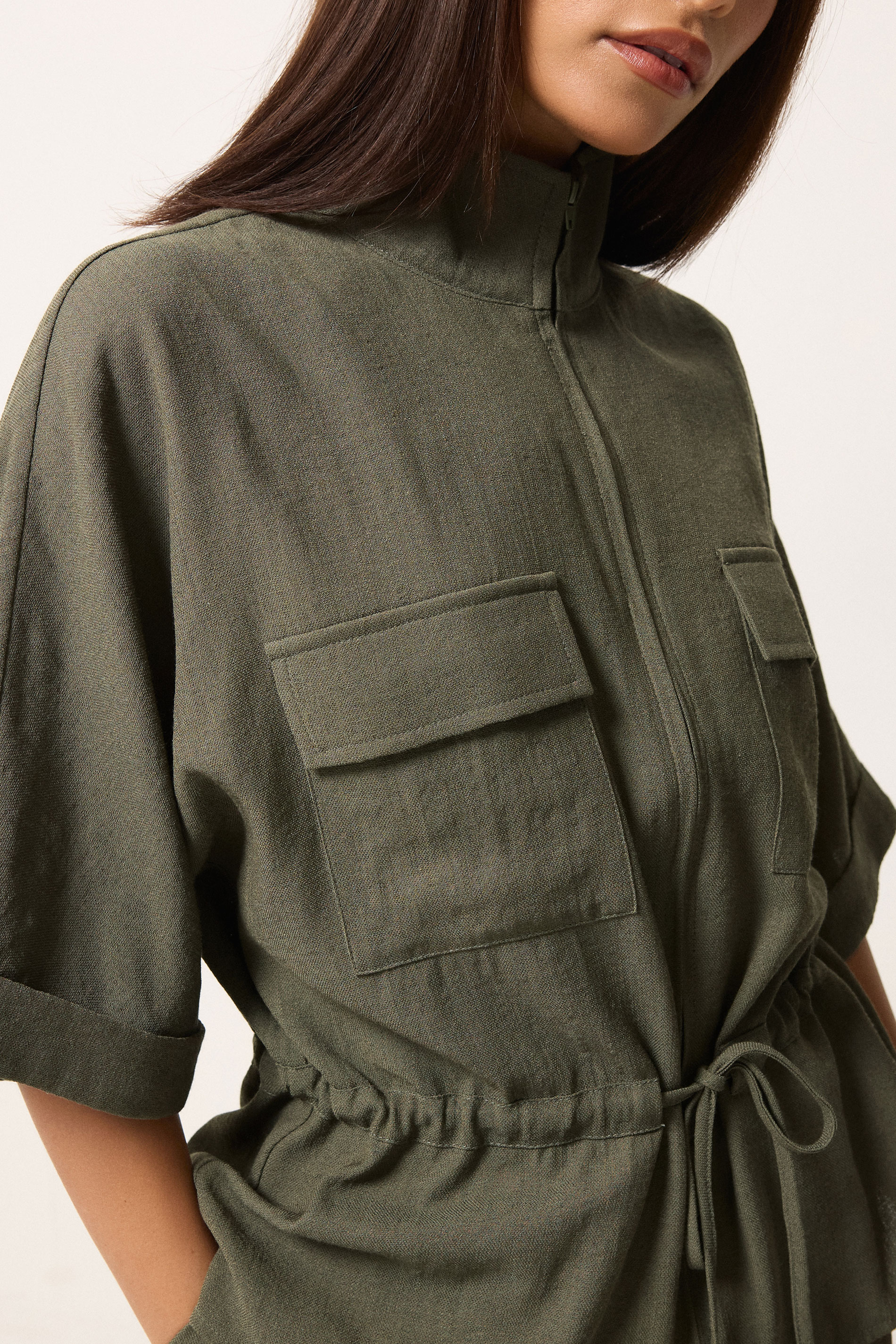 PixieGirl Petite Women's Khaki Green Funnel Neck Shacket | PixieGirl 4