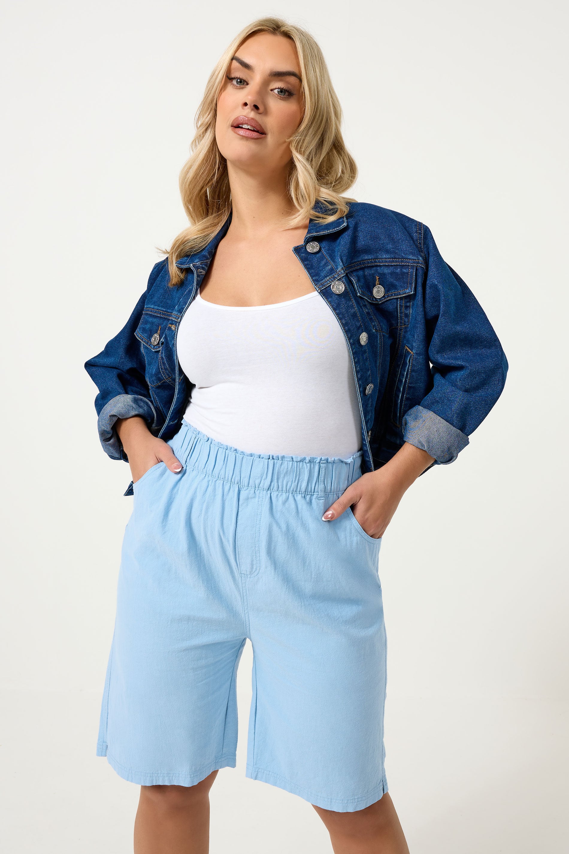 YOURS Plus Size Blue Textured Cotton Shorts | Yours Clothing 3