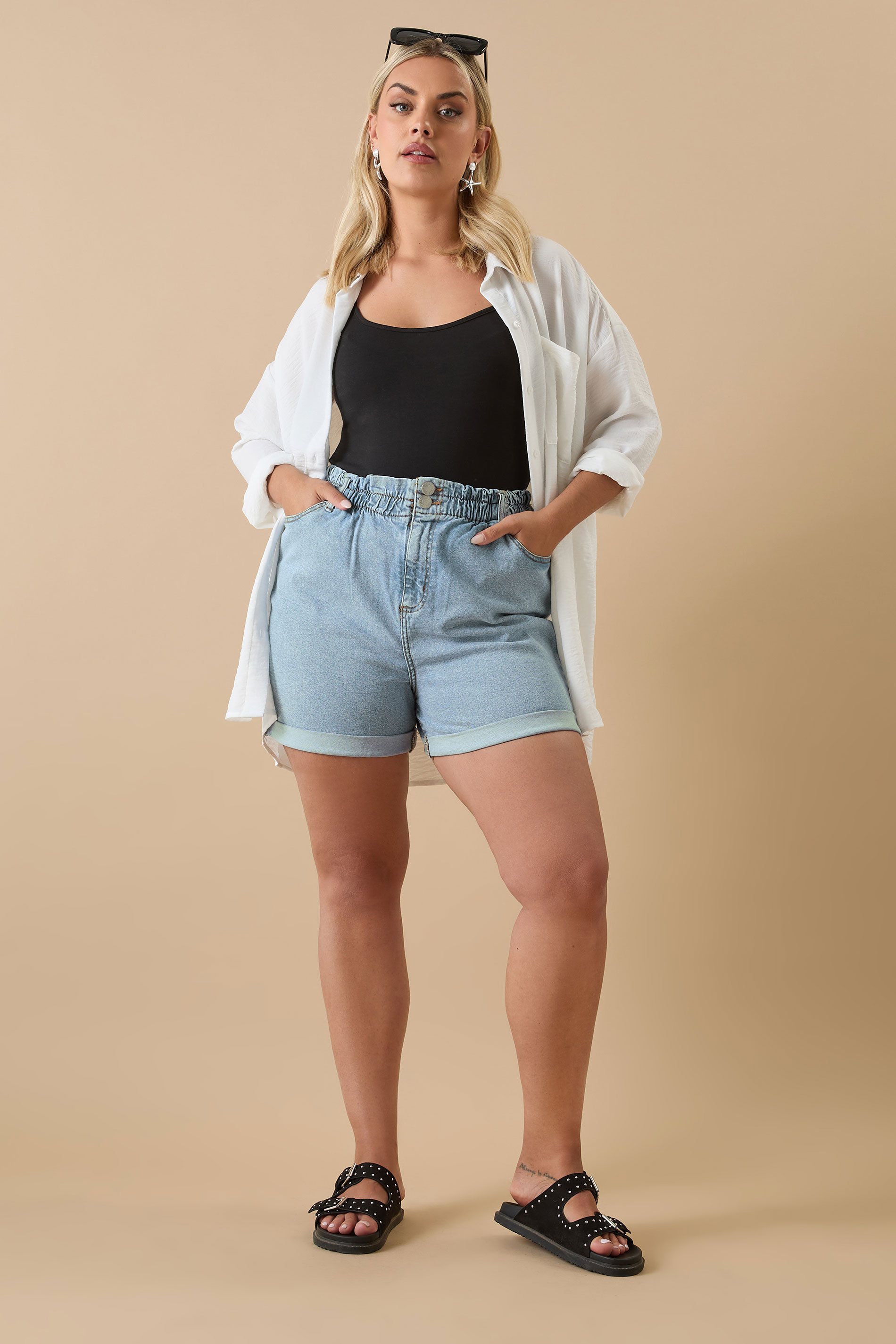 YOURS Plus Size Light Blue Elasticated Waist Turn Up Denim Shorts | Yours Clothing 1