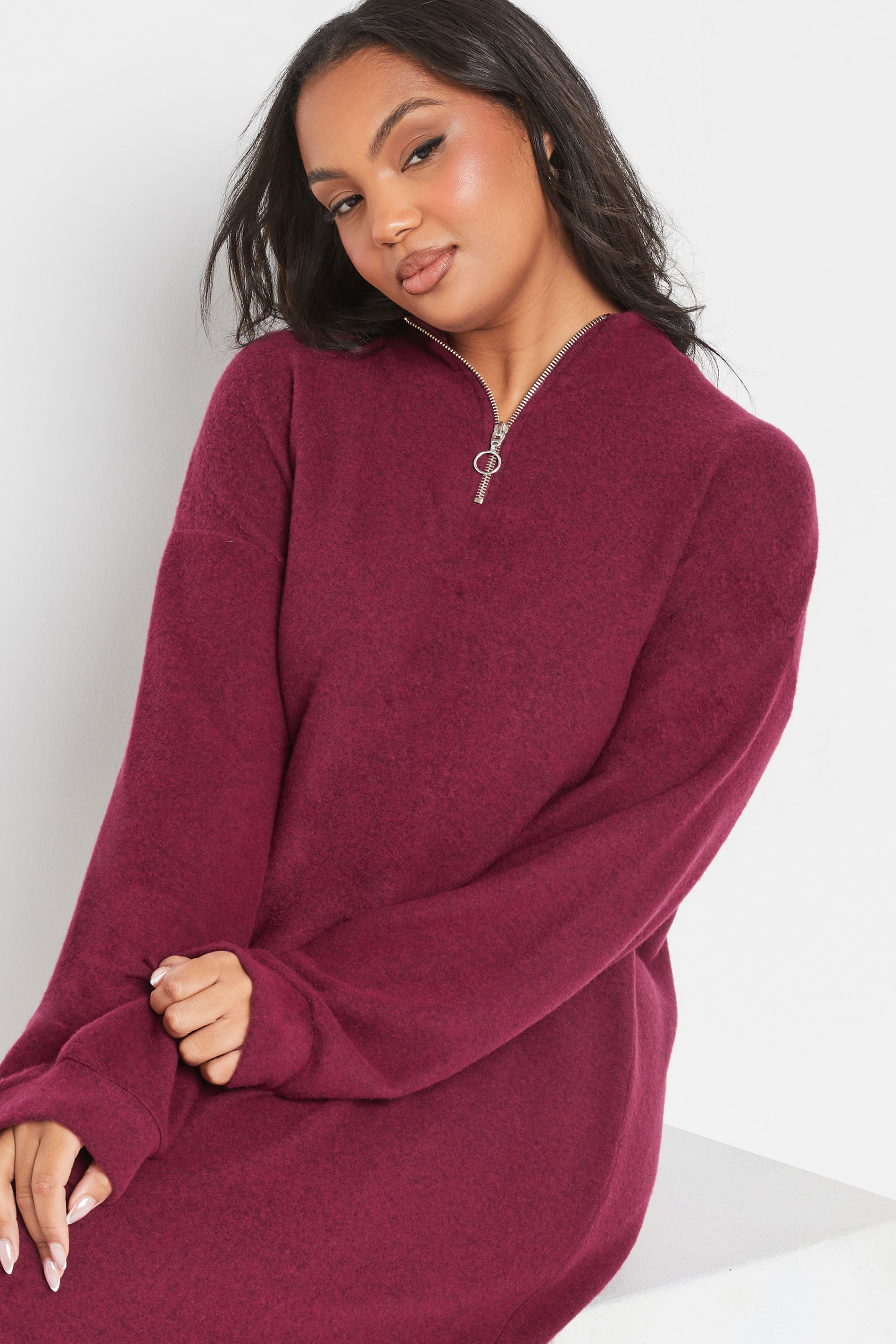 YOURS Plus Size Dark Pink Soft Touch Zip Jumper Dress | Yours Clothing 4