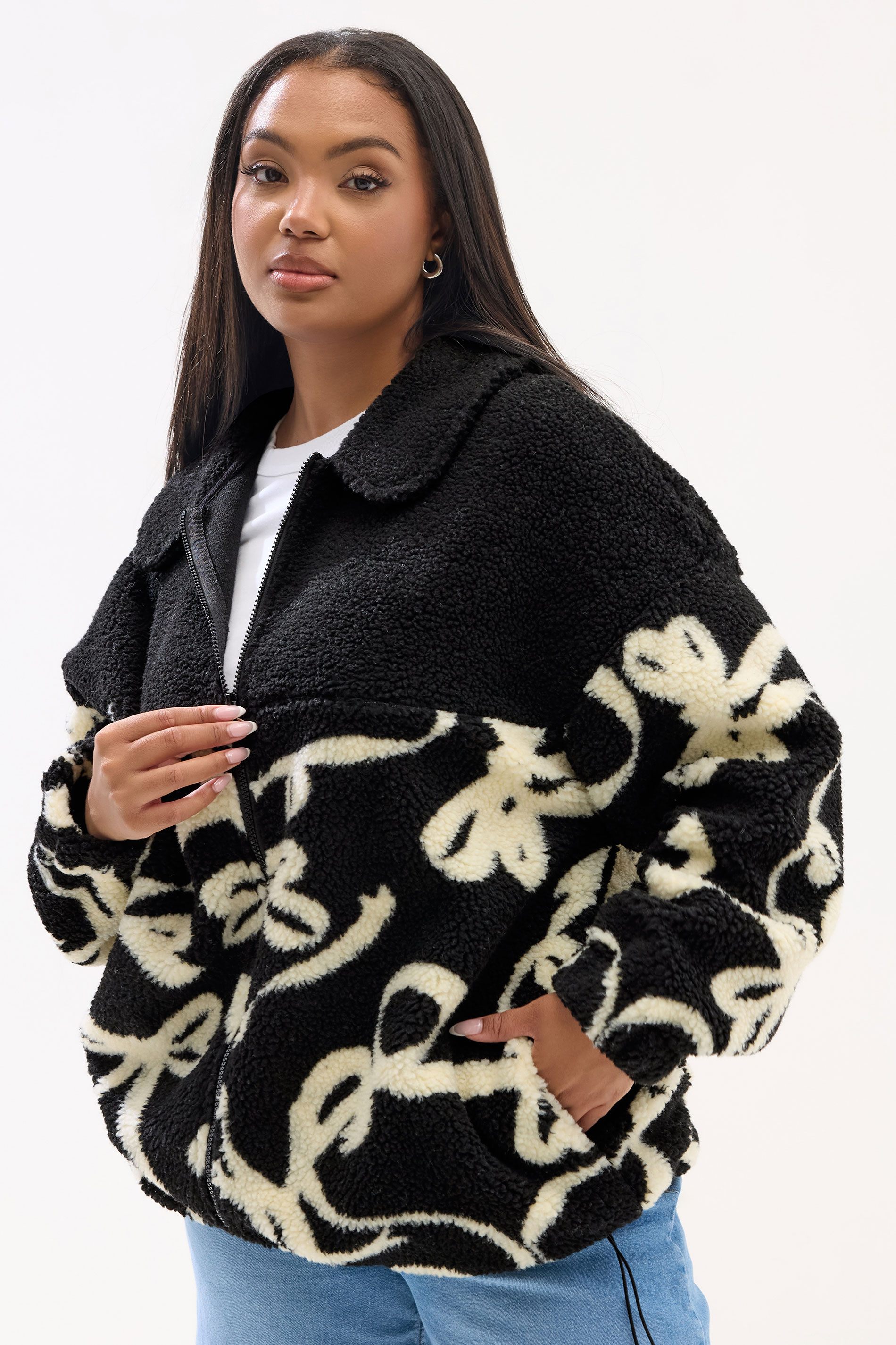 YOURS Plus Size Black Abstract Print Teddy Fleece Jacket | Yours Clothing 3