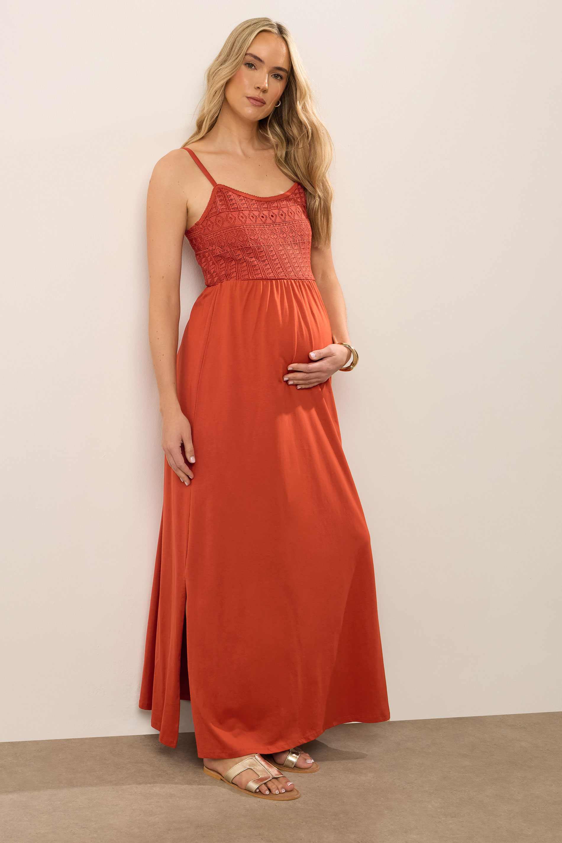 LTS Tall Maternity Rust Orange Cotton Crochet Bust Maxi Dress | Long Tall Sally 3