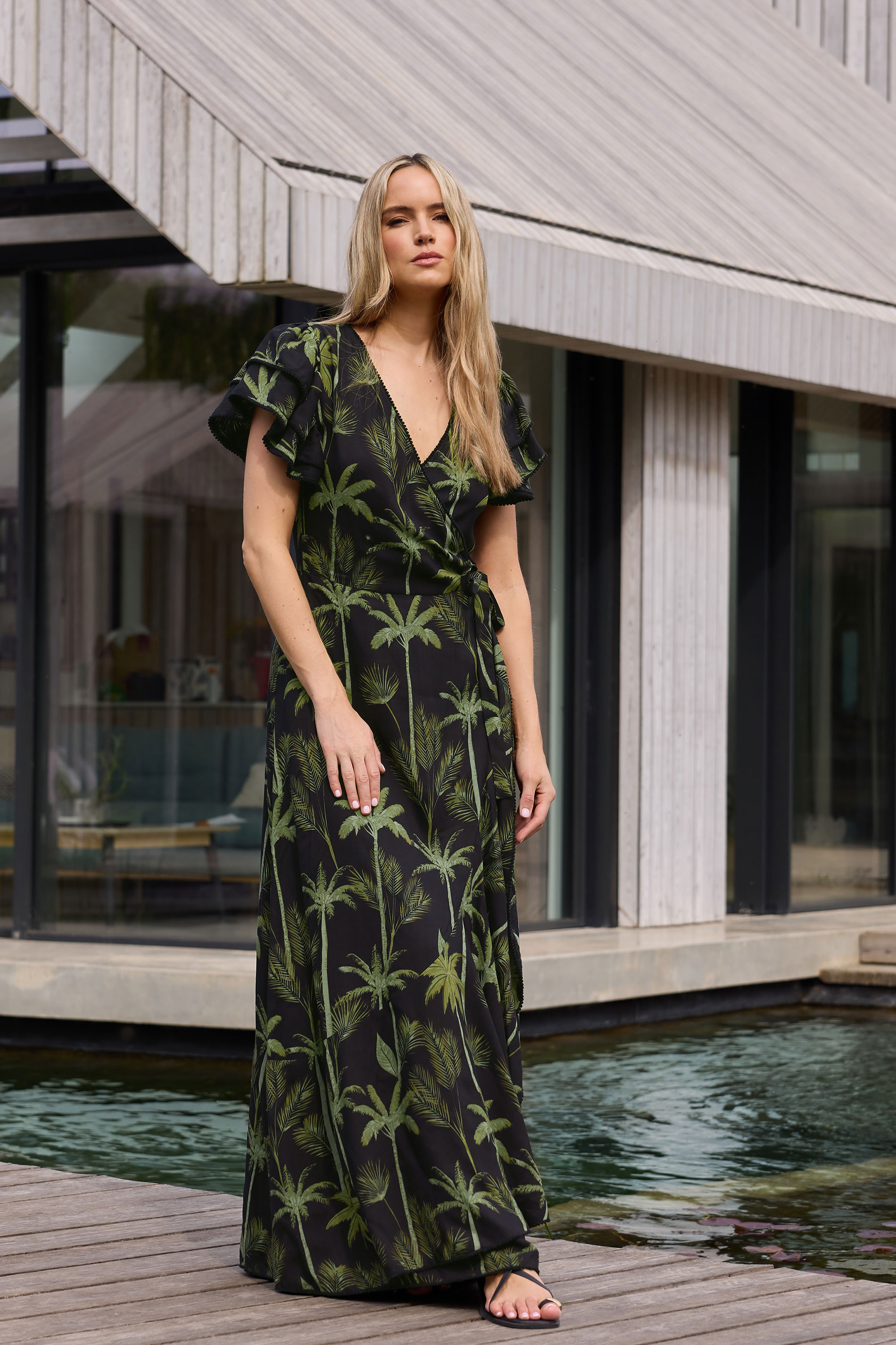 LTS Tall Black Tropical Palm Frill Sleeve Maxi Dress | Long Tall Sally 3