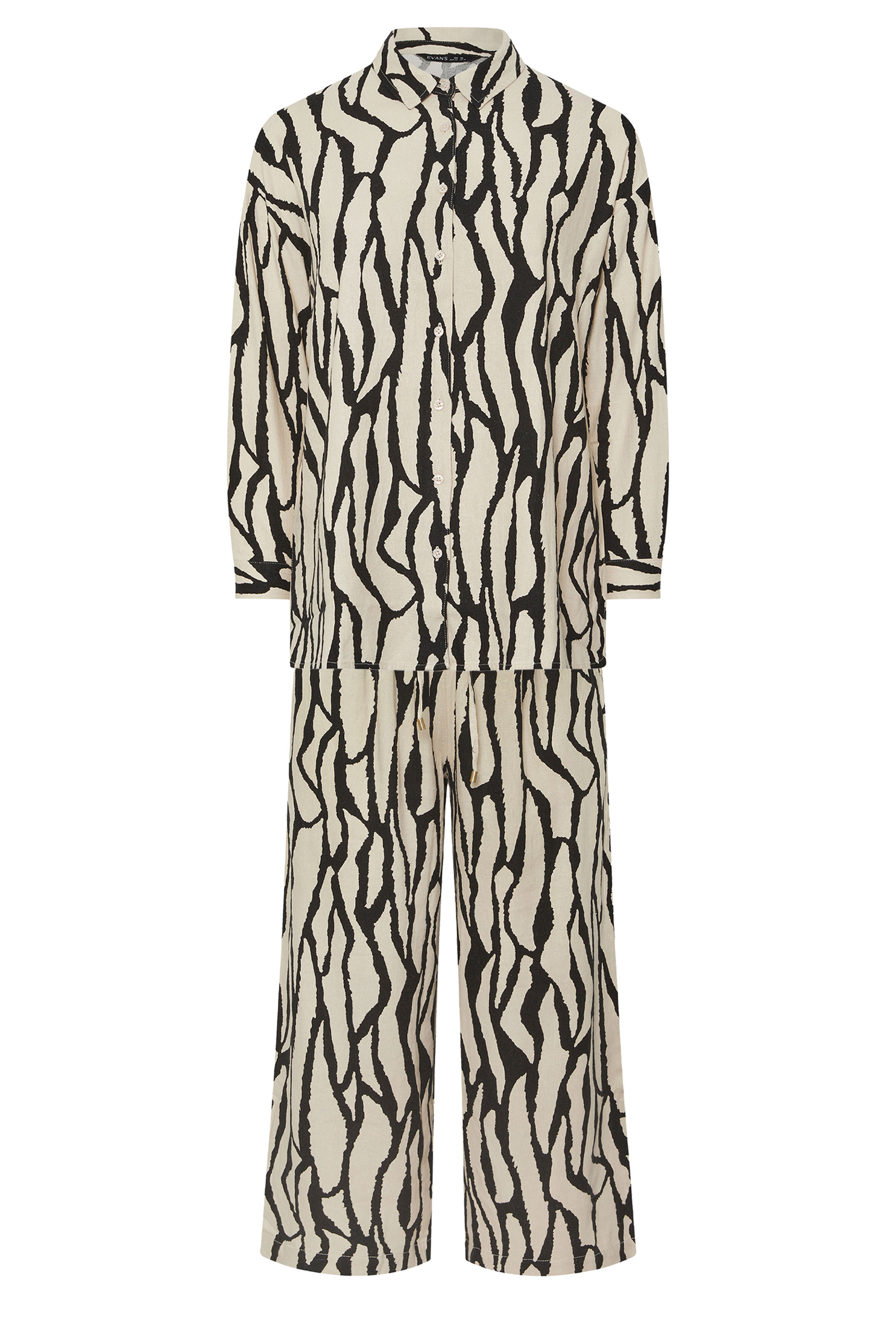 EVANS Plus Size Set Natural Brown Abstract Linen Shirt & Trouser | Evans 9