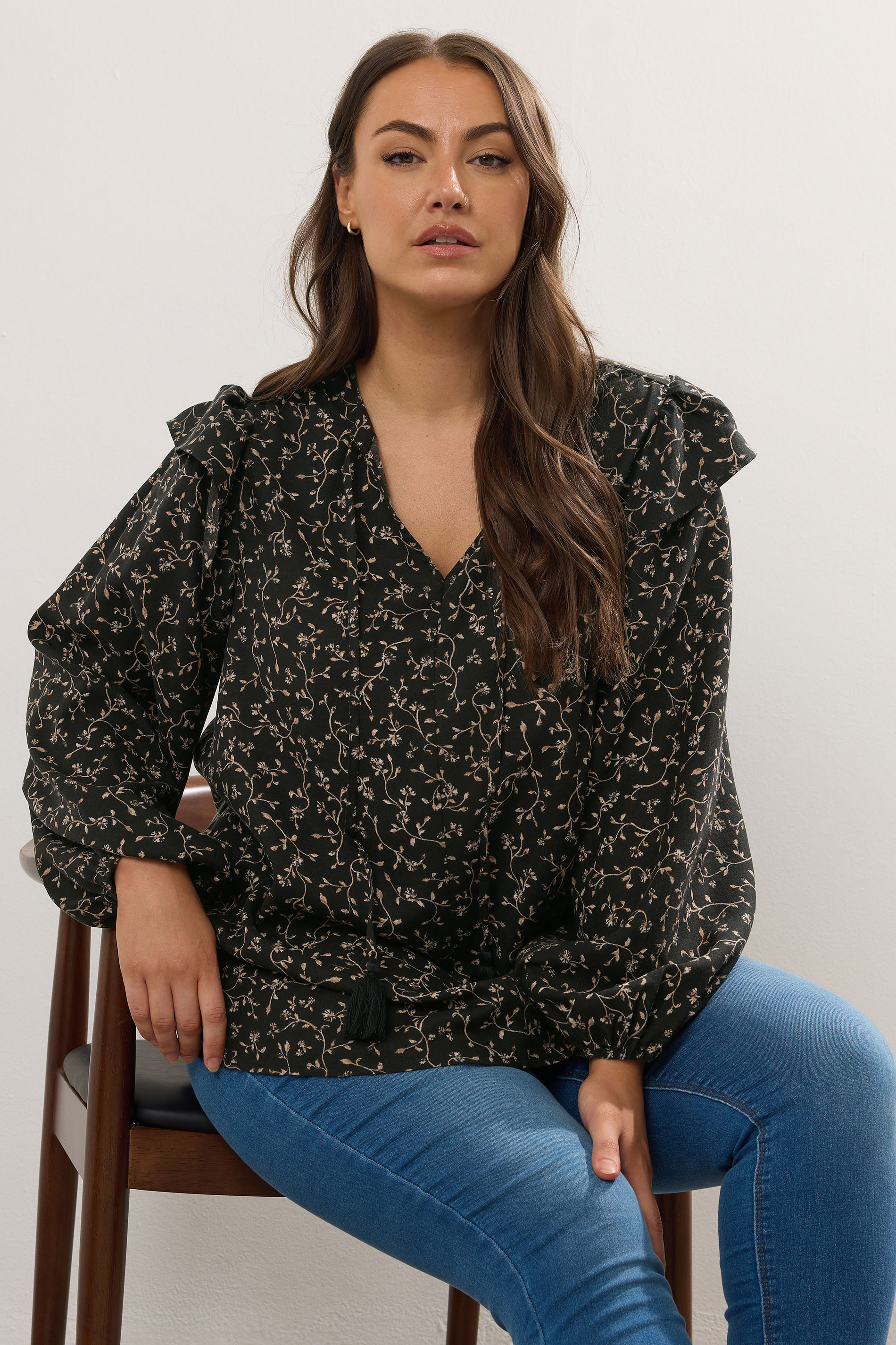 YOURS Plus Size Black Leaf Print Frill Top | Yours Clothing 3
