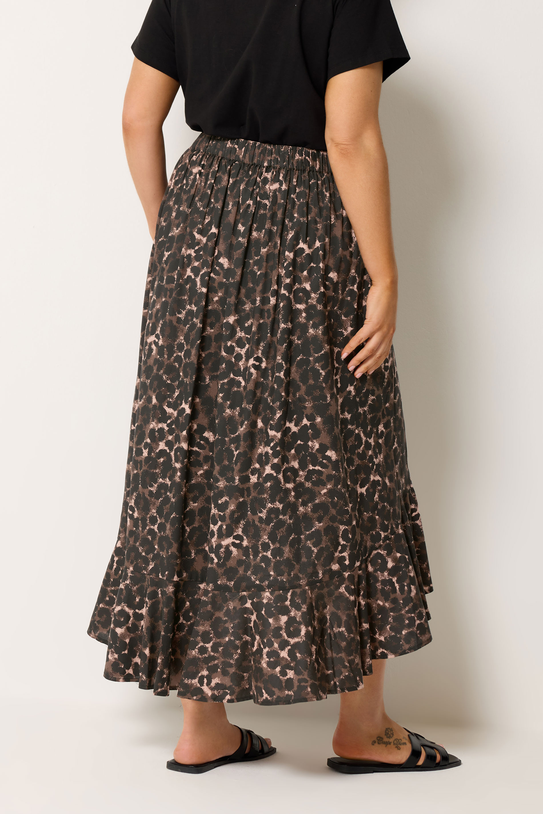 YOURS Plus Size Chocolate Brown Leopard Print Ruffle Skirt | Yours Clothing 5
