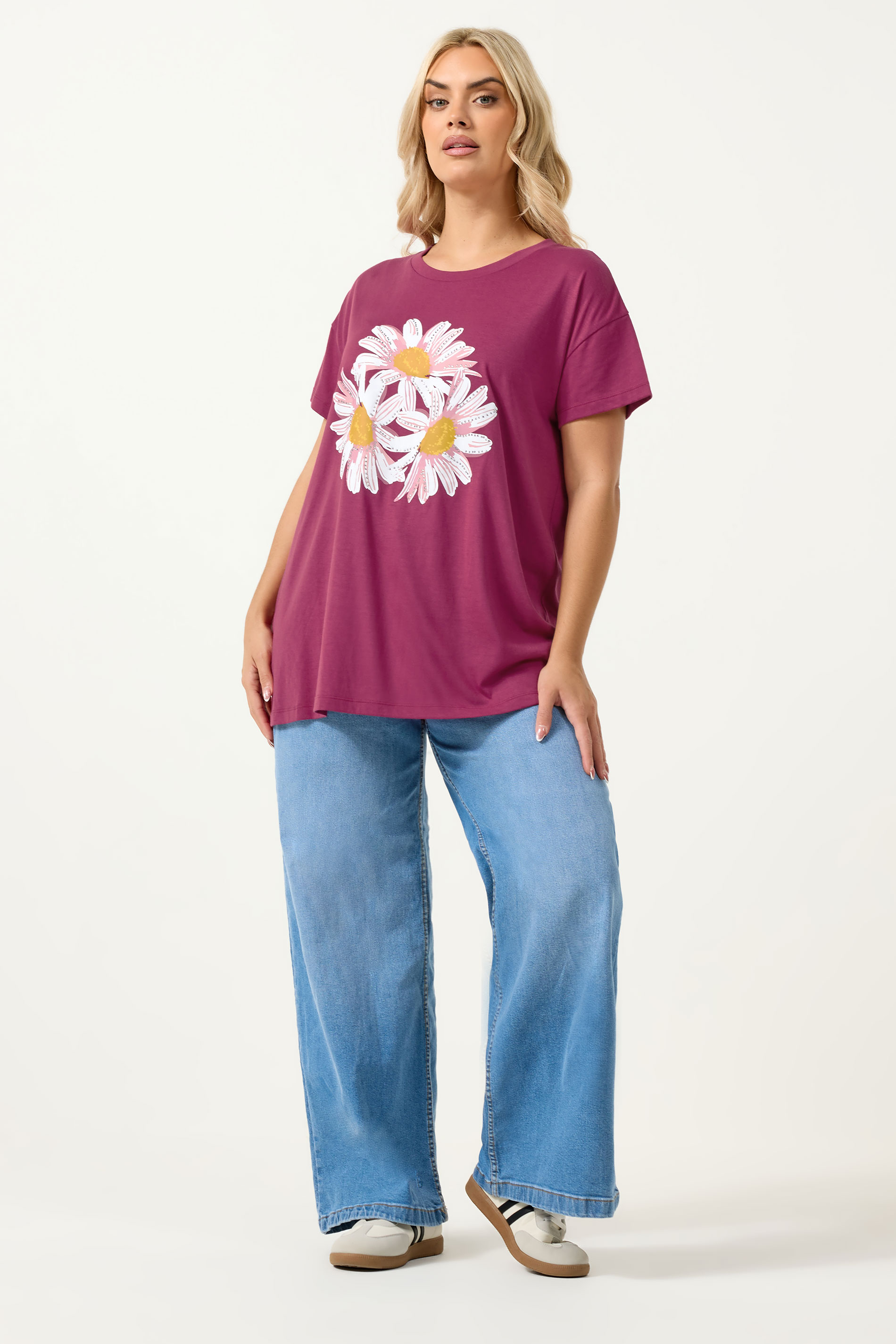 YOURS Plus Size Pink Studded Daisy T-Shirt | Yours Clothing 1