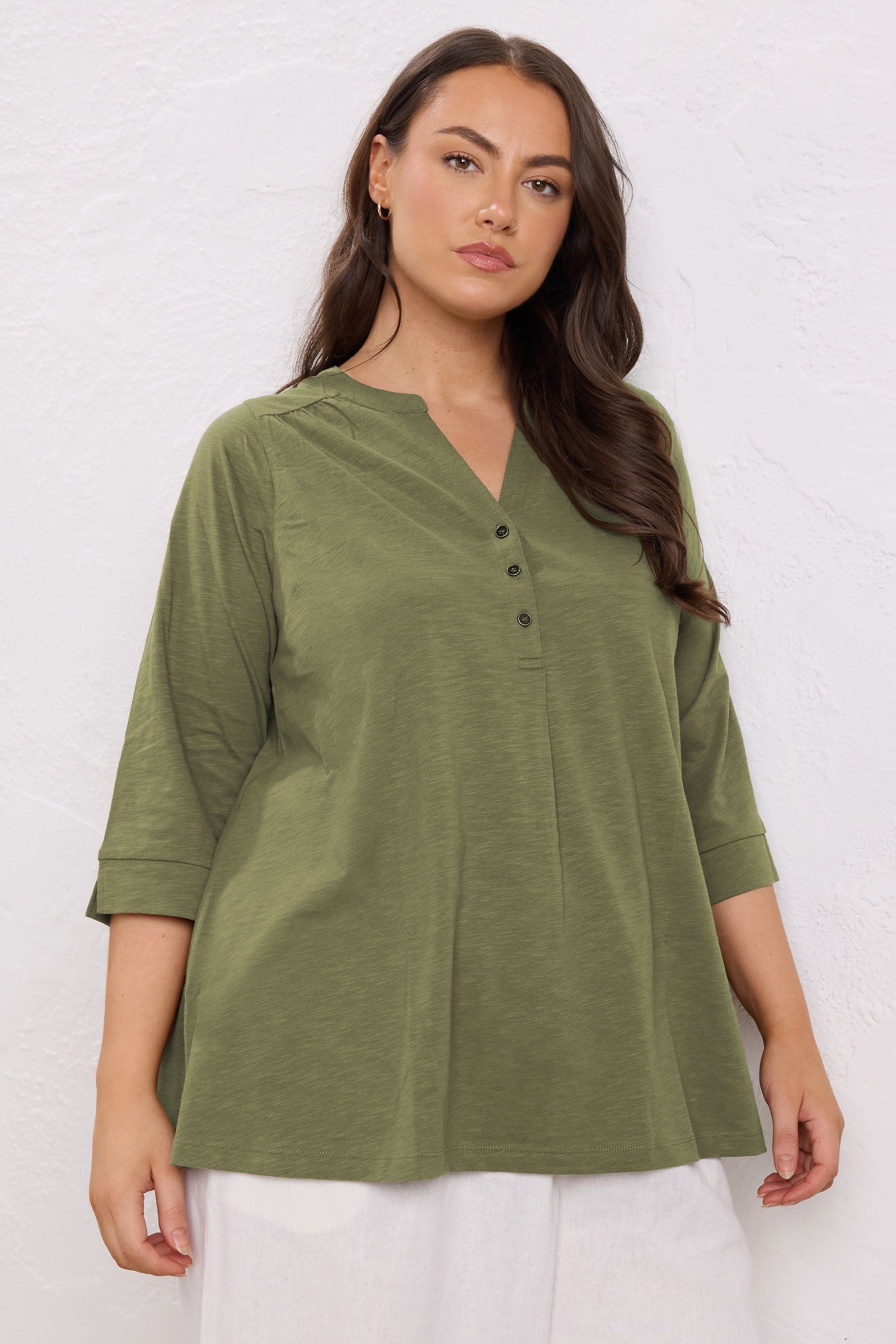 EVANS Plus Size Khaki Green Pleat Front Henley Top | Evans 3