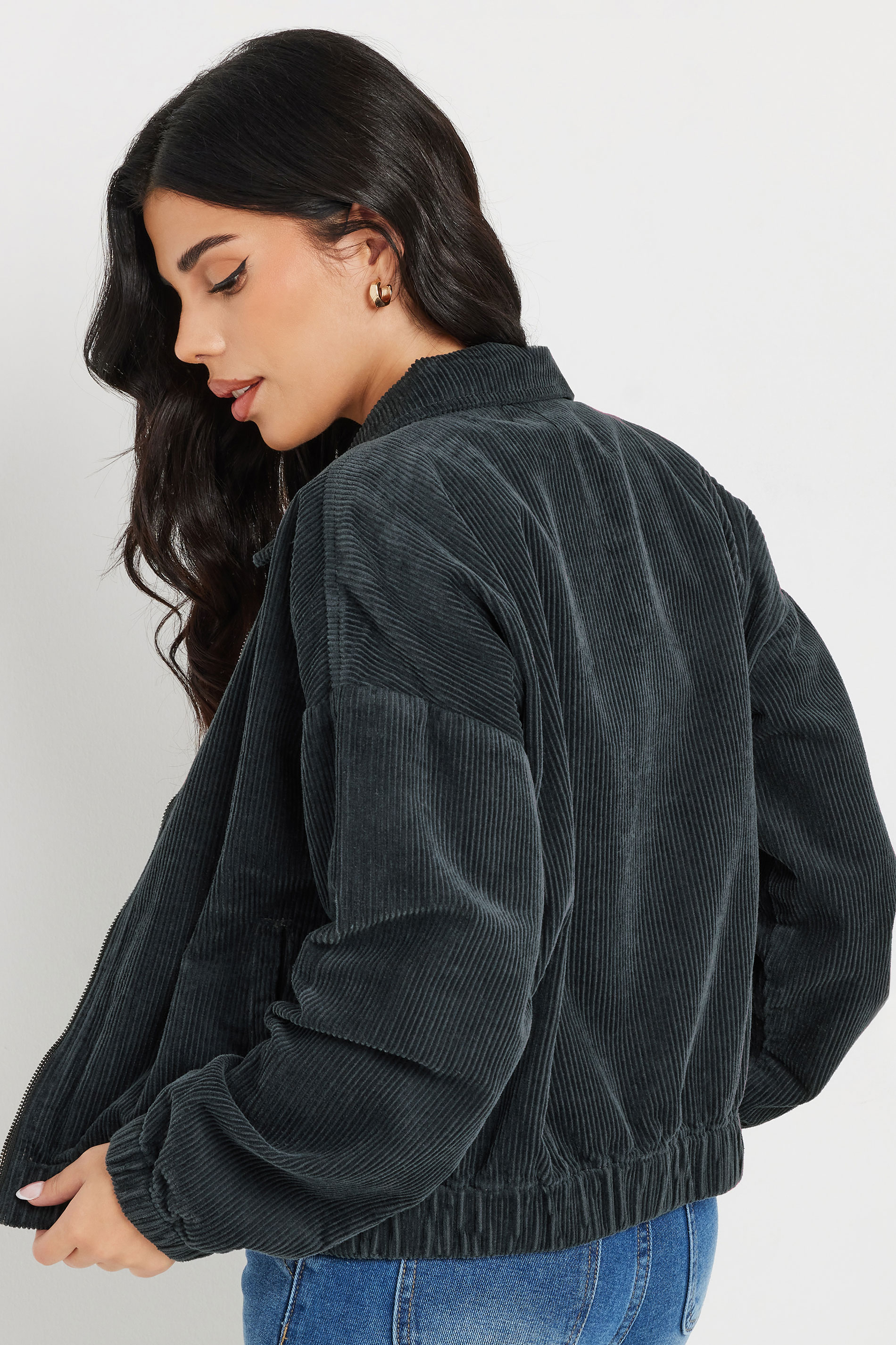 PixieGirl Petite Women's Charcoal Grey Cotton Cord Bomber Jacket | PixieGirl 5