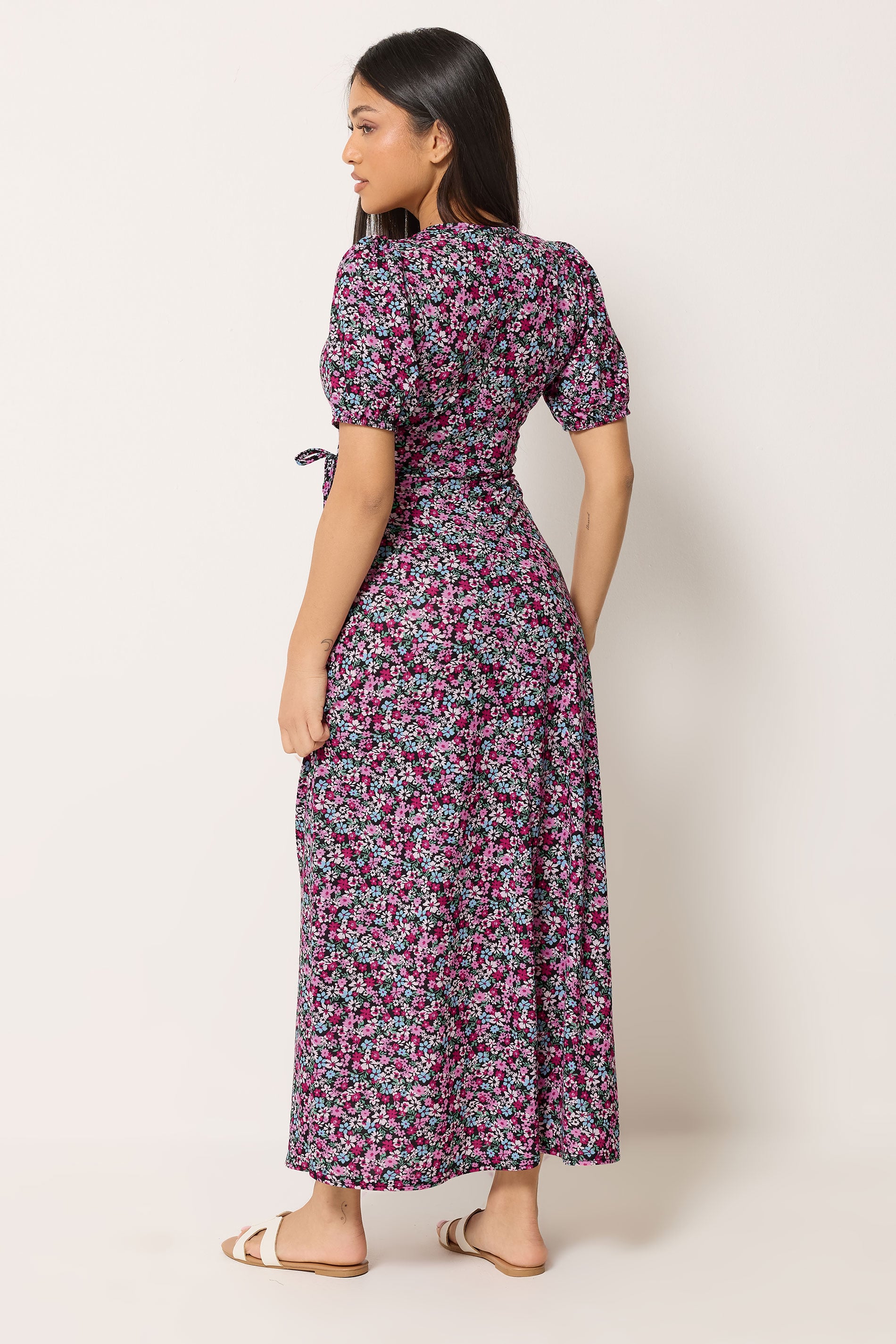 M&Co Petite Pink Ditsy Floral Print Maxi Wrap Dress | M&Co 2