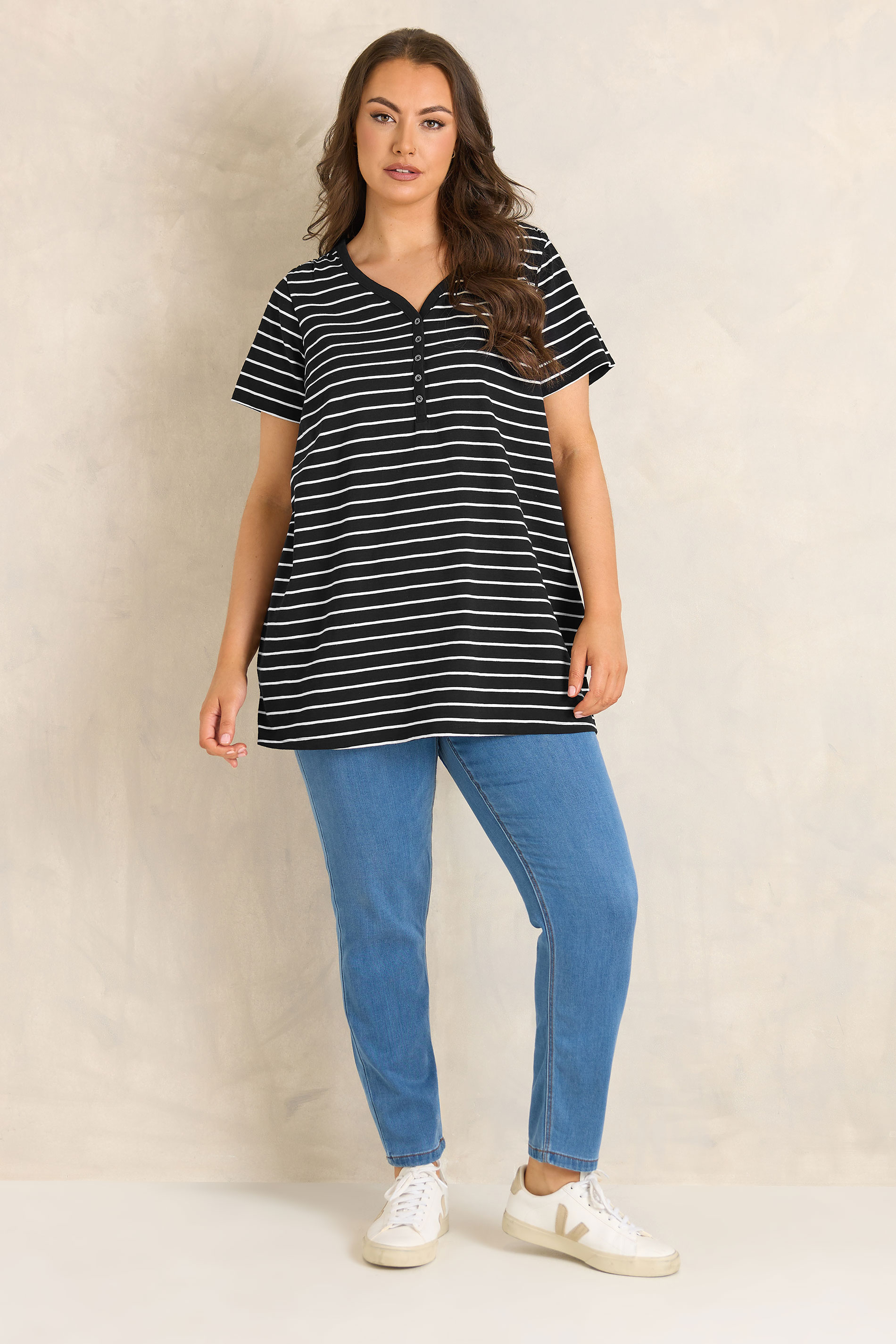 EVANS Plus Size Black Stripe Short Sleeve Cotton Henley Top | Evans 2