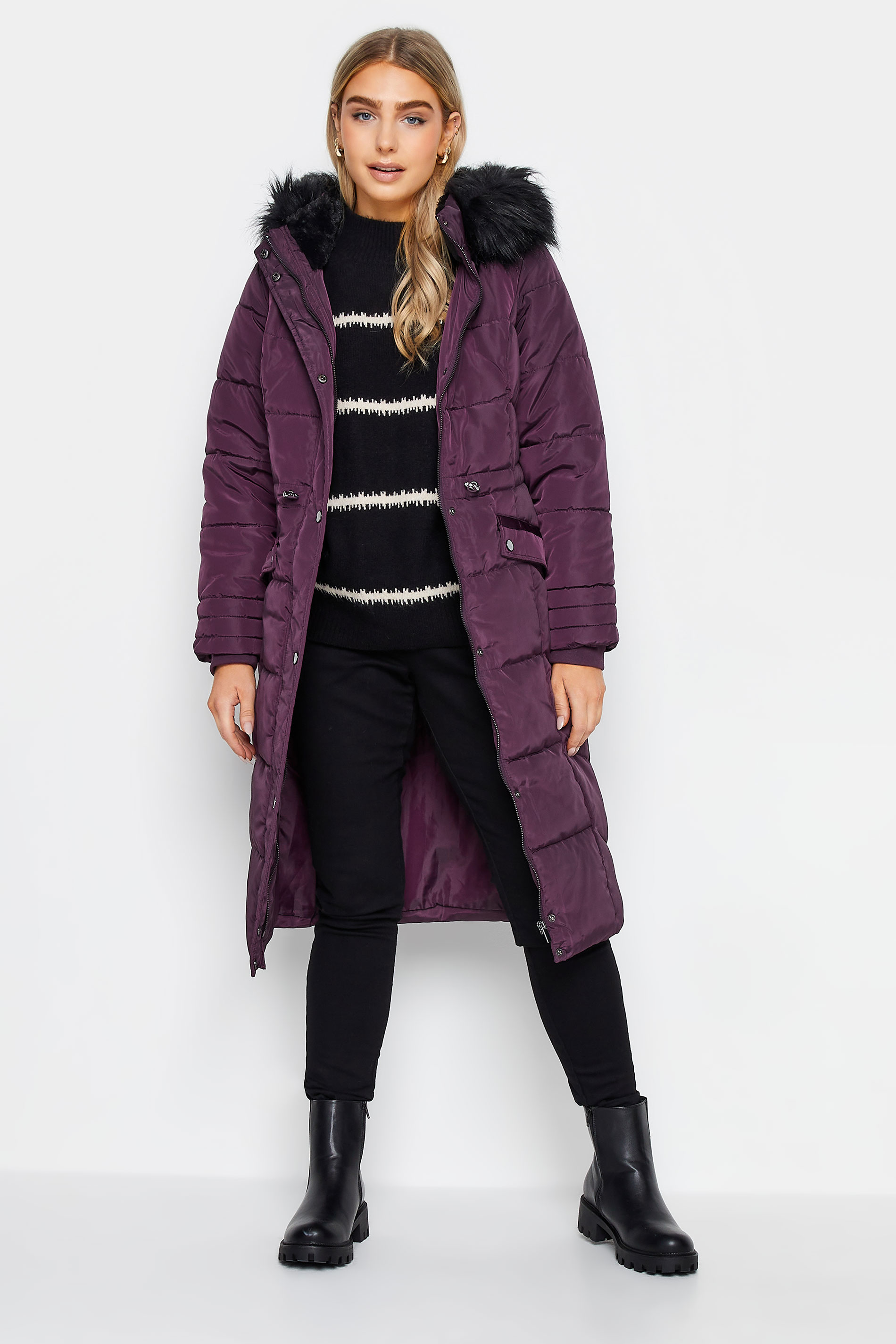 M&Co Purple Faux Fur Trim Padded Coat | M&Co 2
