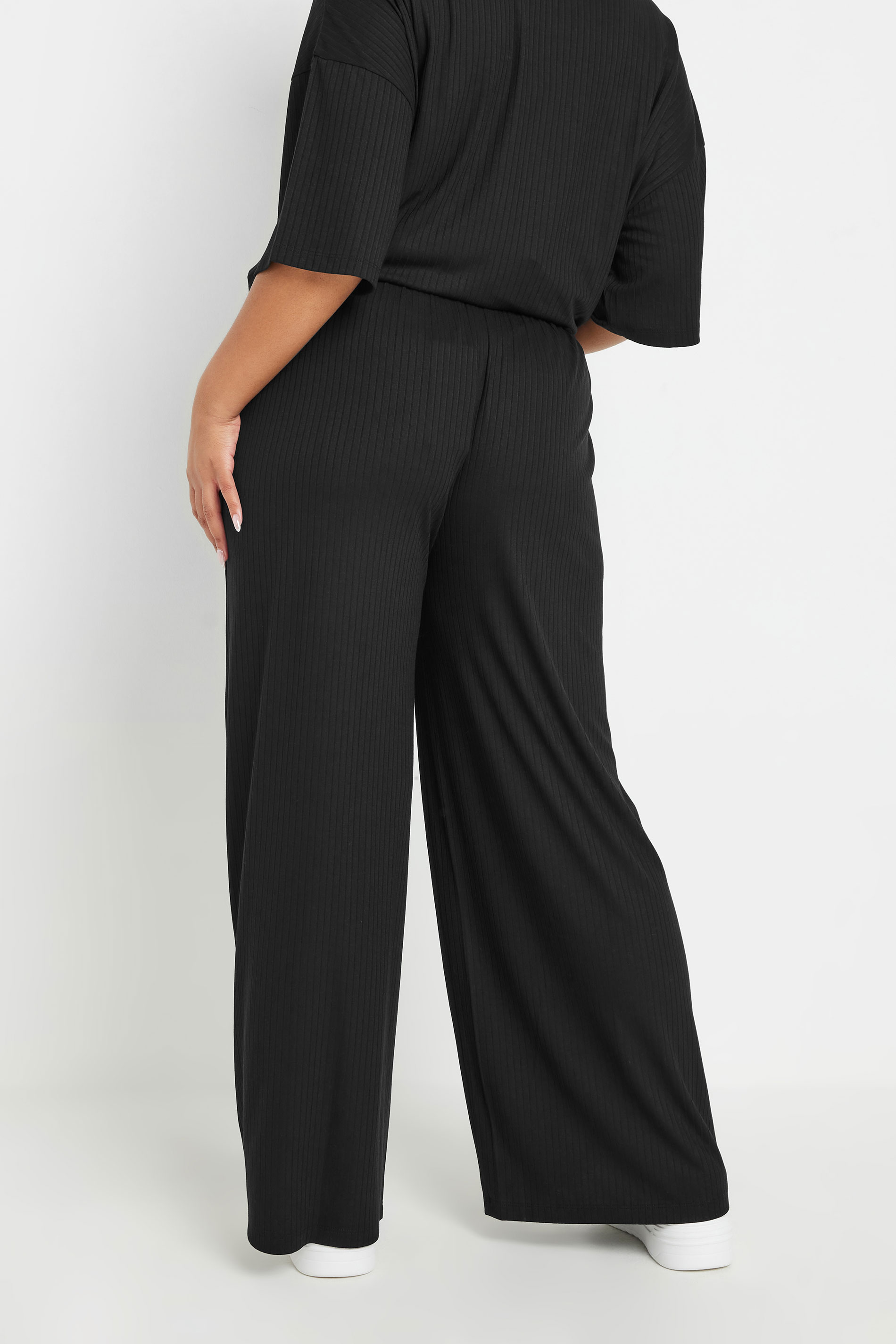 BUMP IT UP MATERNITY Plus Size Black Premium Modal Ribbed Wide Leg Trousers | Yours Clothing 2