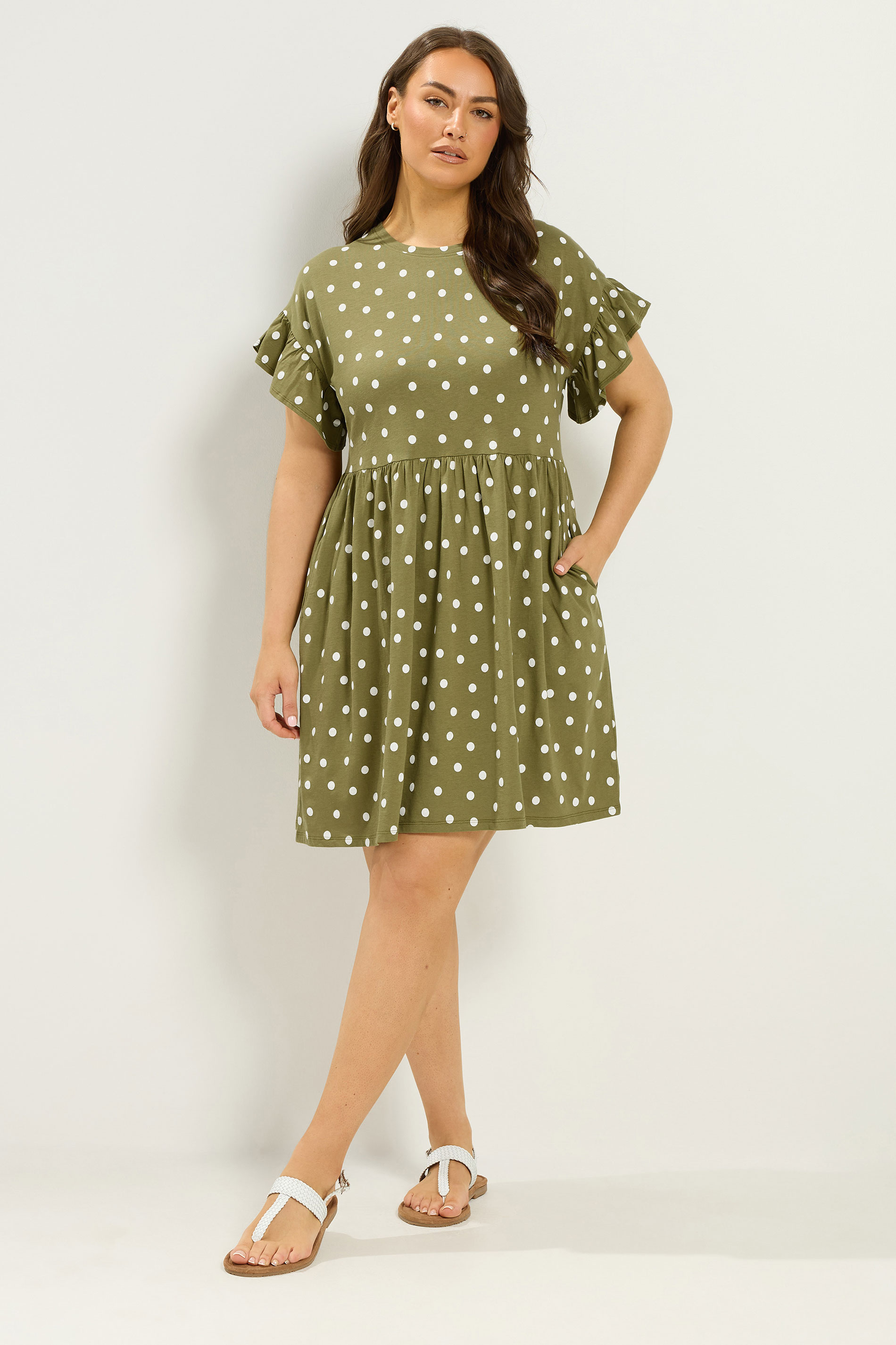 YOURS Plus Size Khaki Green Polka Dot Tunic Dress | Yours Clothing 1