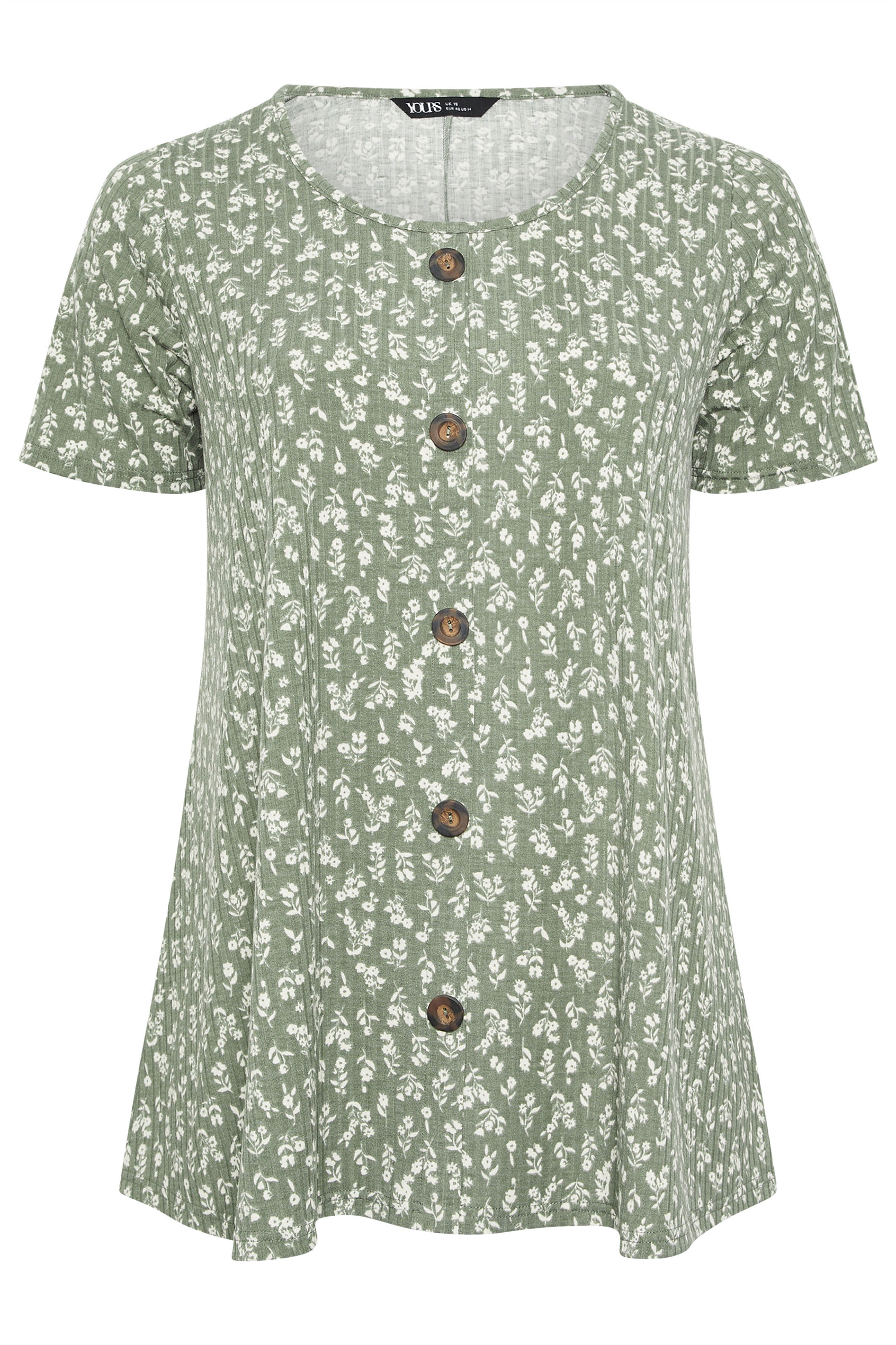 YOURS Plus Size Sage Green Floral Ribbed Swing Top | Yours Clothing 5